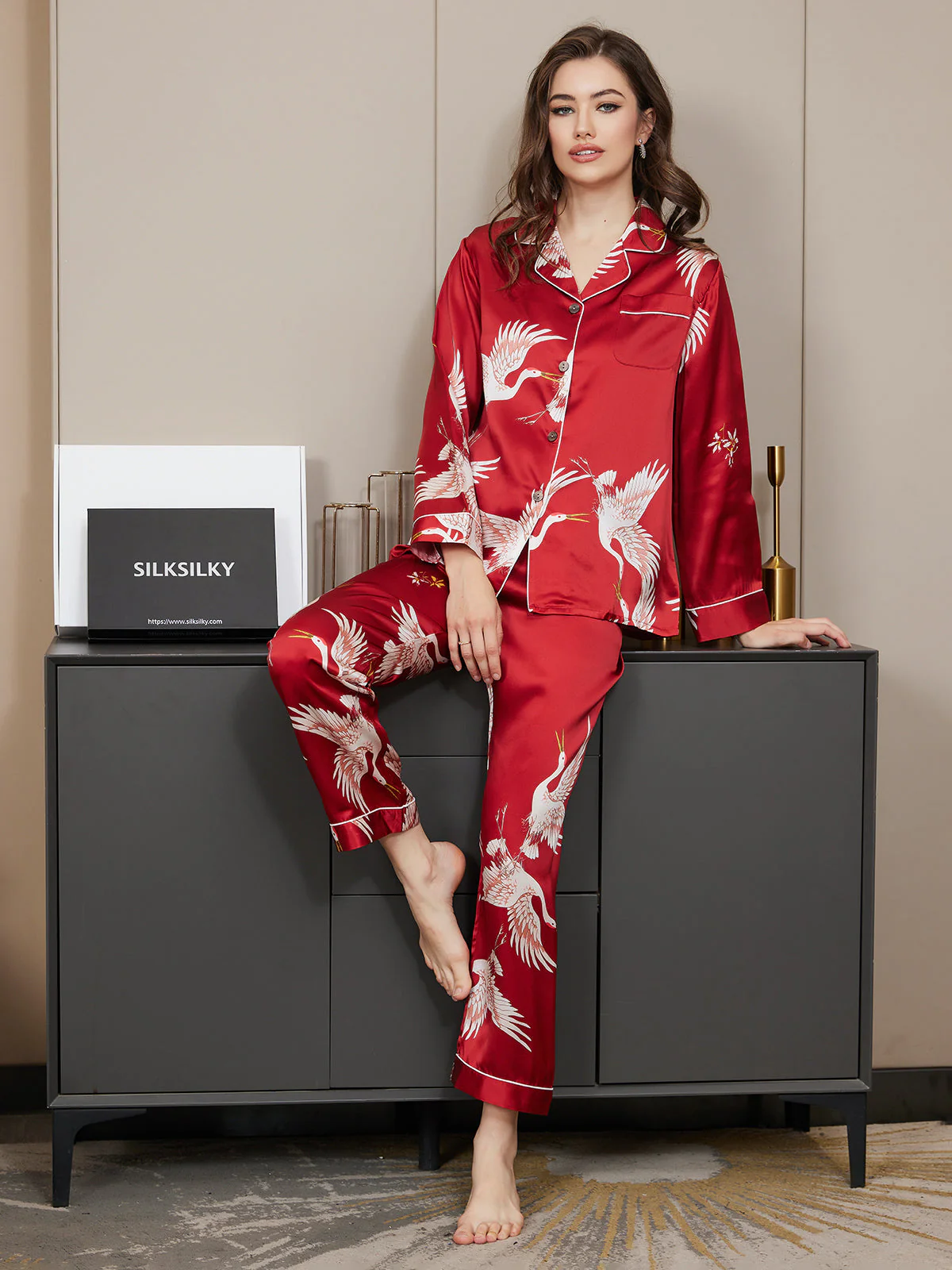 Ensemble De Pyjama En Soie Pure 19Momme À Manches Longues Pour Femme Avec Imprimé Grue - Image 11