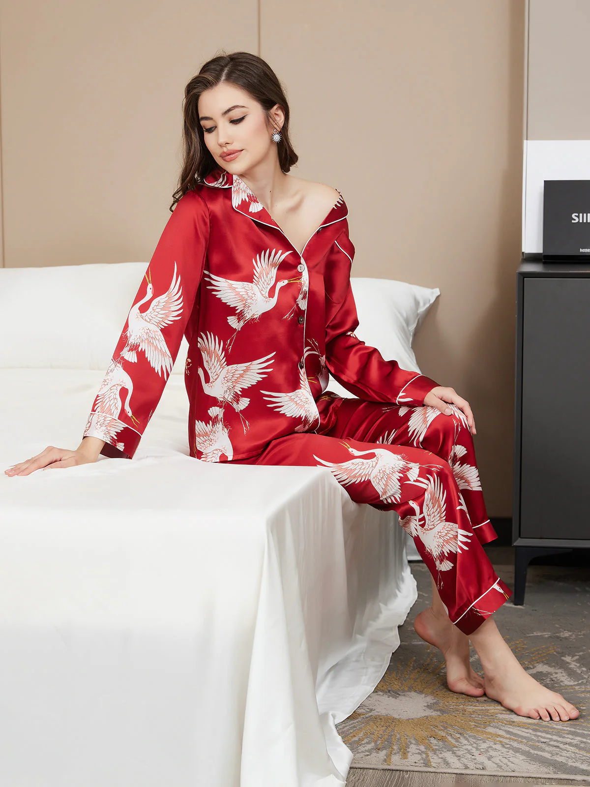 Ensemble De Pyjama En Soie Pure 19Momme À Manches Longues Pour Femme Avec Imprimé Grue - Image 17