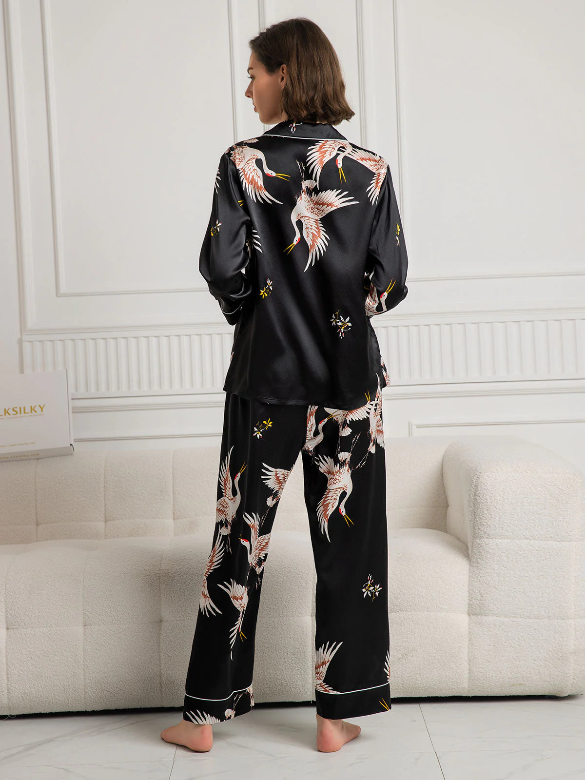 Ensemble De Pyjama En Soie Pure 19Momme À Manches Longues Pour Femme Avec Imprimé Grue - Image 20