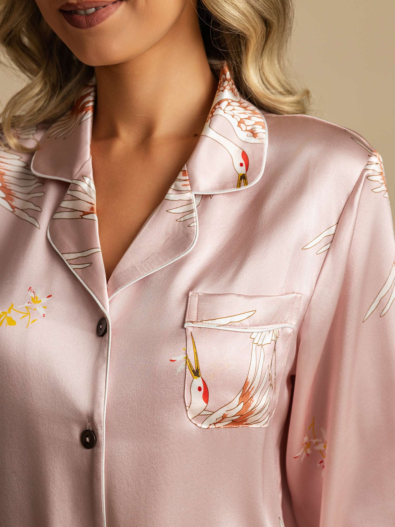Ensemble De Pyjama En Soie Pure 19Momme À Manches Longues Pour Femme Avec Imprimé Grue - Image 27