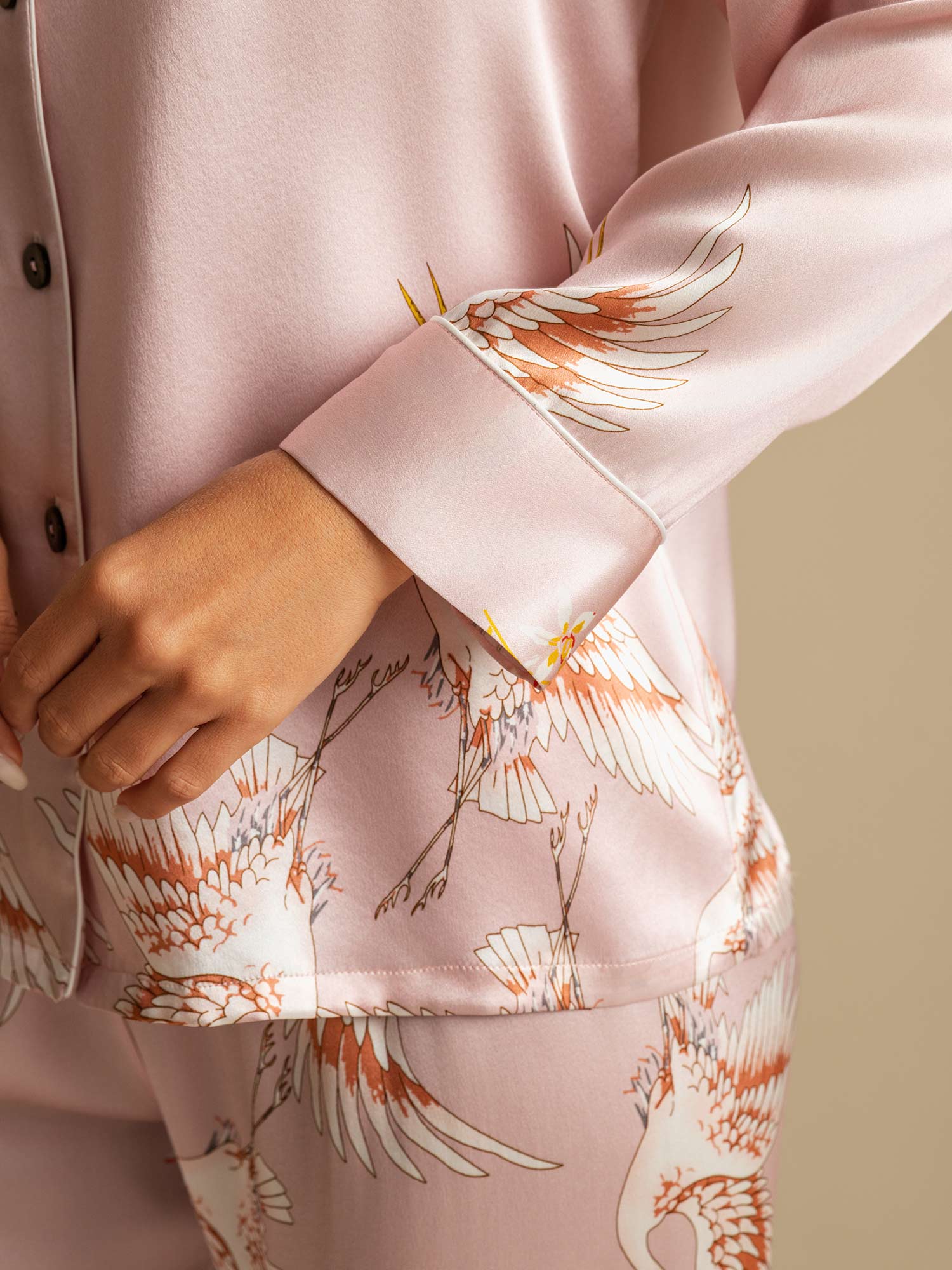 Ensemble De Pyjama En Soie Pure 19Momme À Manches Longues Pour Femme Avec Imprimé Grue - Image 28