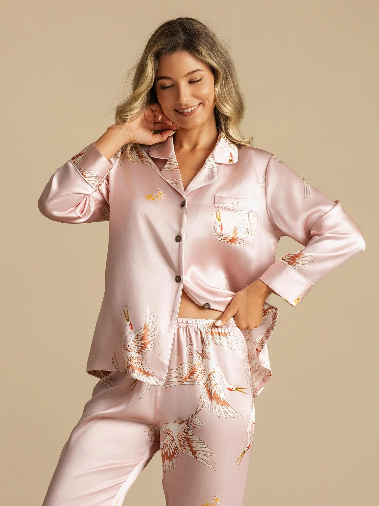 Ensemble De Pyjama En Soie Pure 19Momme À Manches Longues Pour Femme Avec Imprimé Grue - Image 29