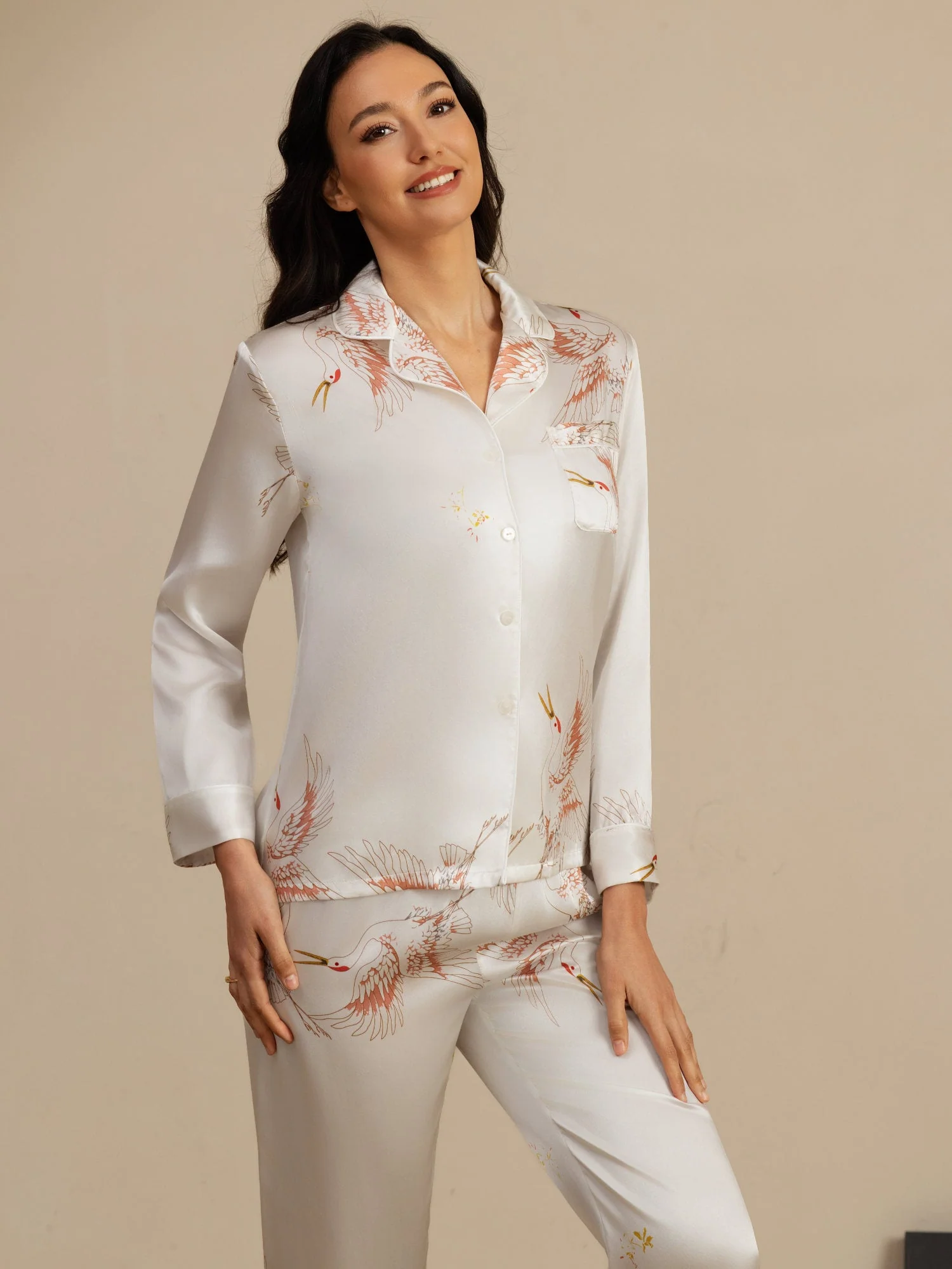 Ensemble De Pyjama En Soie Pure 19Momme À Manches Longues Pour Femme Avec Imprimé Grue - Image 49