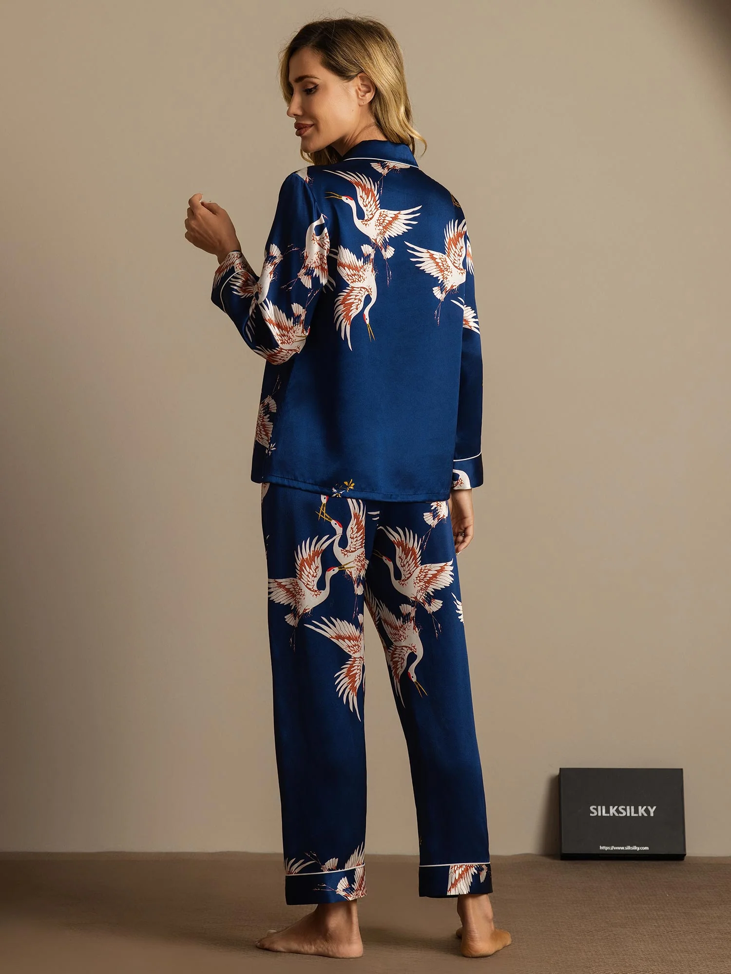 Ensemble De Pyjama En Soie Pure 19Momme À Manches Longues Pour Femme Avec Imprimé Grue - Image 8