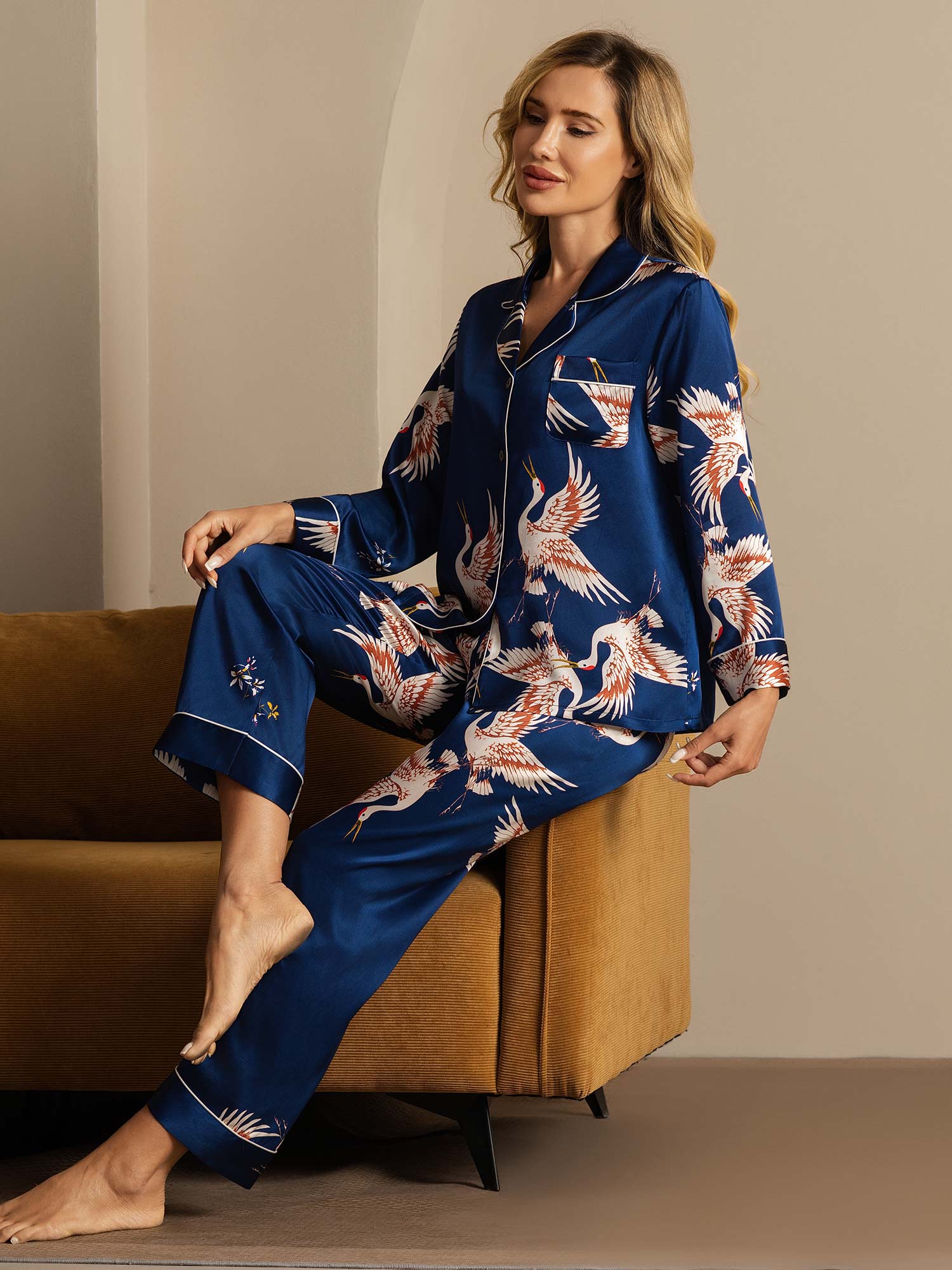 Ensemble De Pyjama En Soie Pure 19Momme À Manches Longues Pour Femme Avec Imprimé Grue - Image 9