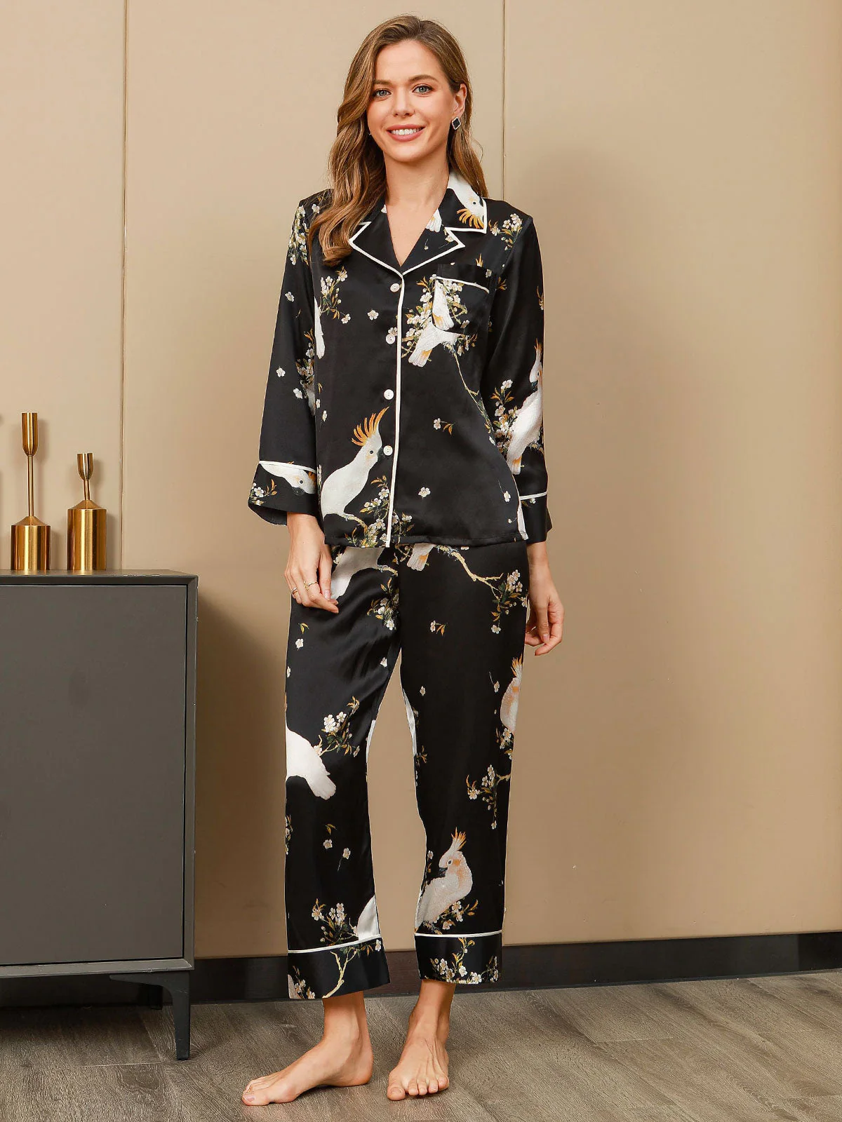 Ensemble De Pyjama Femme En Soie Pure À Imprimé Floral À Manches Longues Avec Pantalon - Image 11