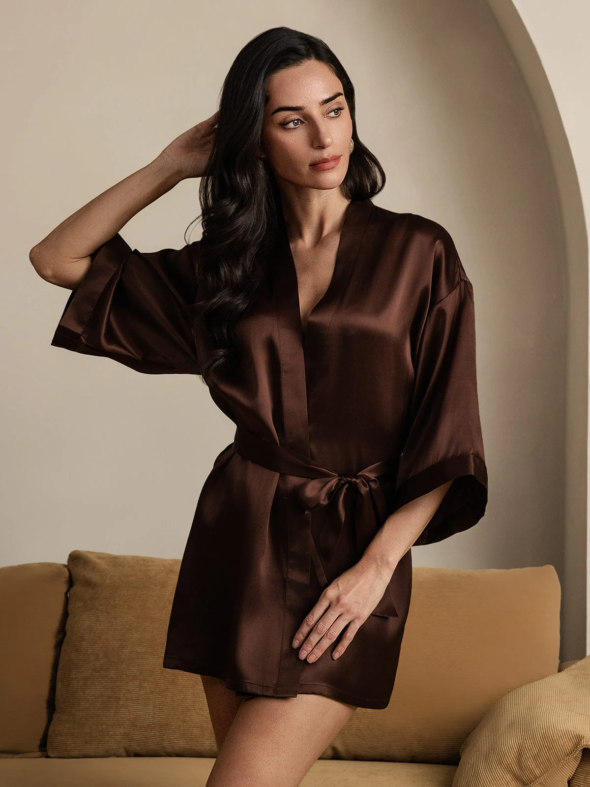 Kimono Court En Pure Soie Pour Femme À Manches 3/4 Et Coupe Croisée - Image 23
