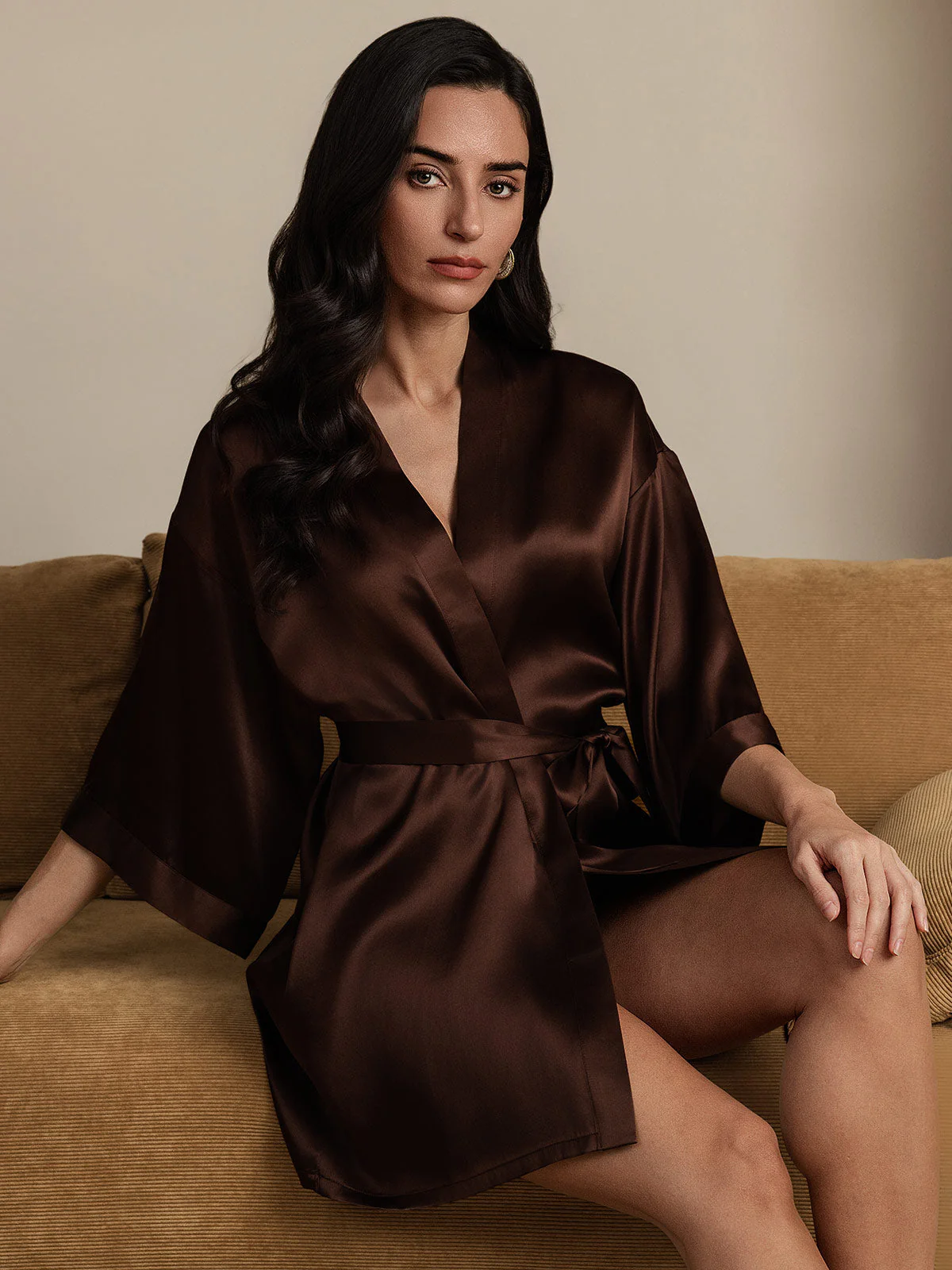 Kimono Court En Pure Soie Pour Femme À Manches 3/4 Et Coupe Croisée - Image 25