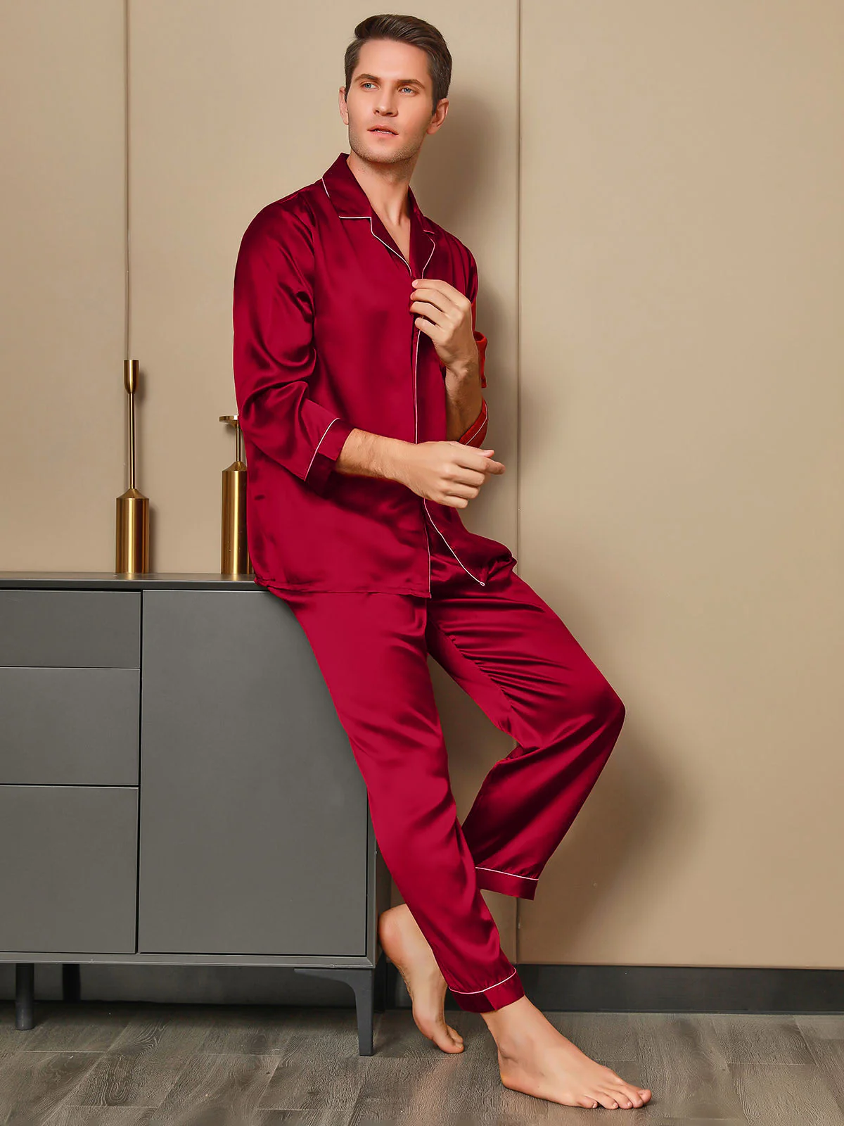 Ensemble Pyjama Pour Homme En Pure Soie À Manches Longues Avec Col À Revers Et Boutonnage - Image 22