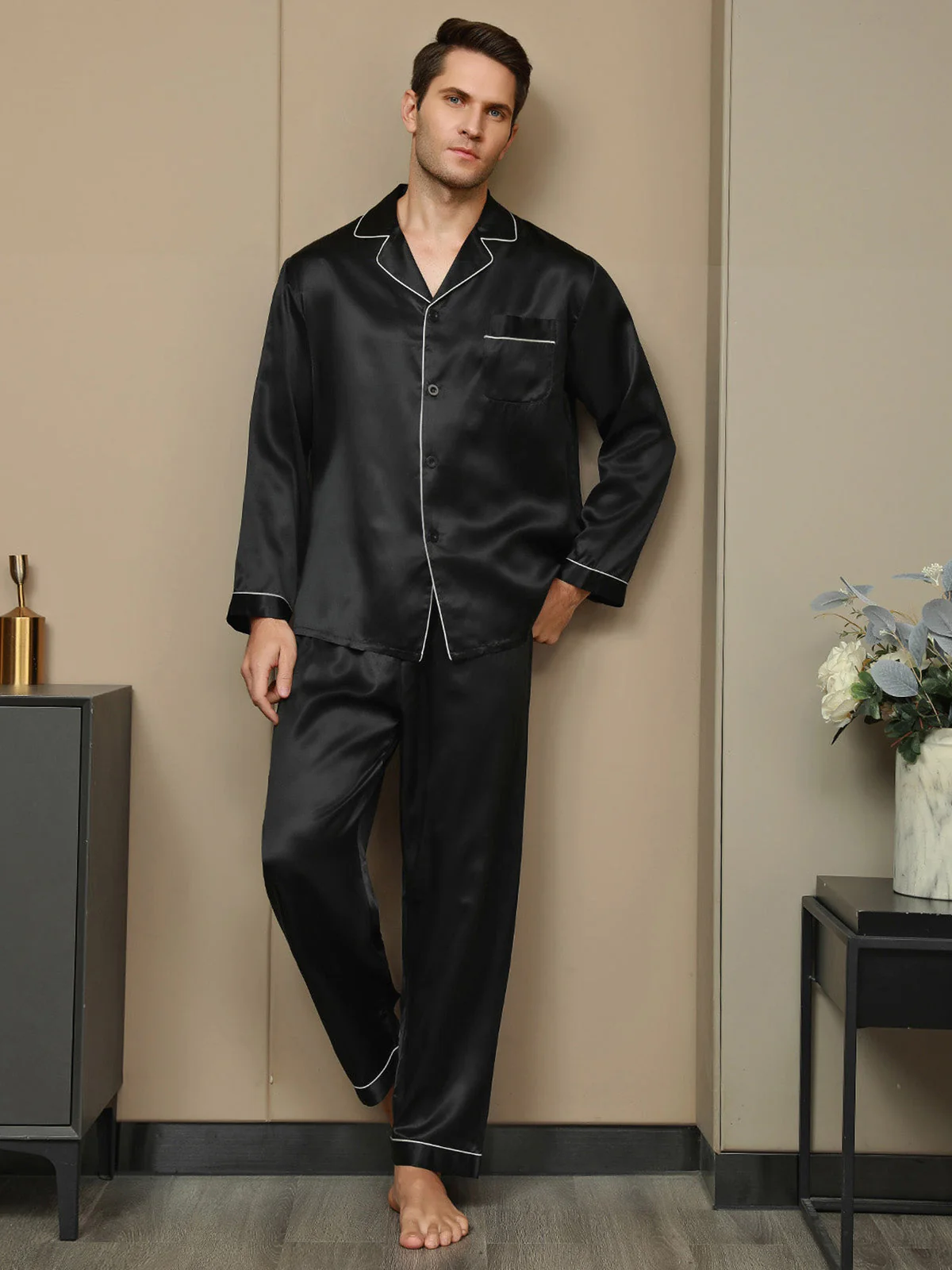 Ensemble Pyjama Pour Homme En Pure Soie À Manches Longues Avec Col À Revers Et Boutonnage - Image 4