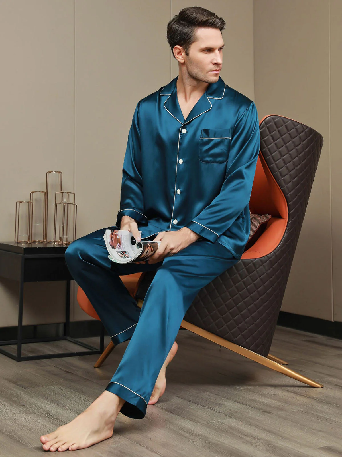 Ensemble Pyjama Pour Homme En Pure Soie À Manches Longues Avec Col À Revers Et Boutonnage - Image 40