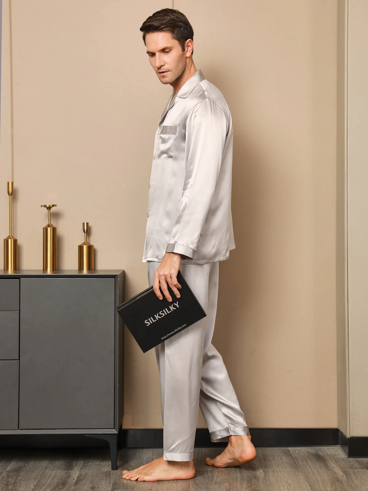 Ensemble Pyjama Pour Homme En Pure Soie À Manches Longues Avec Col À Revers Et Boutonnage - Image 43