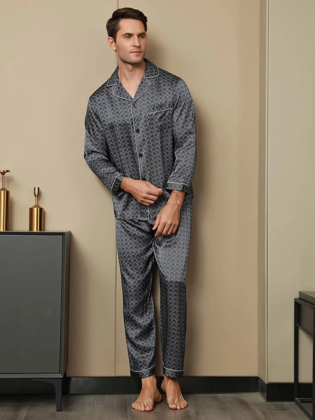 Ensemble Pyjama Homme En Soie Pure Imprimé Ginkgo Bleu Marine Manches Longues Avec Pantalon - Image 12