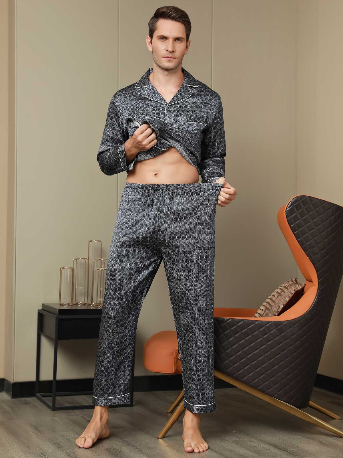 Ensemble Pyjama Homme En Soie Pure Imprimé Ginkgo Bleu Marine Manches Longues Avec Pantalon - Image 16