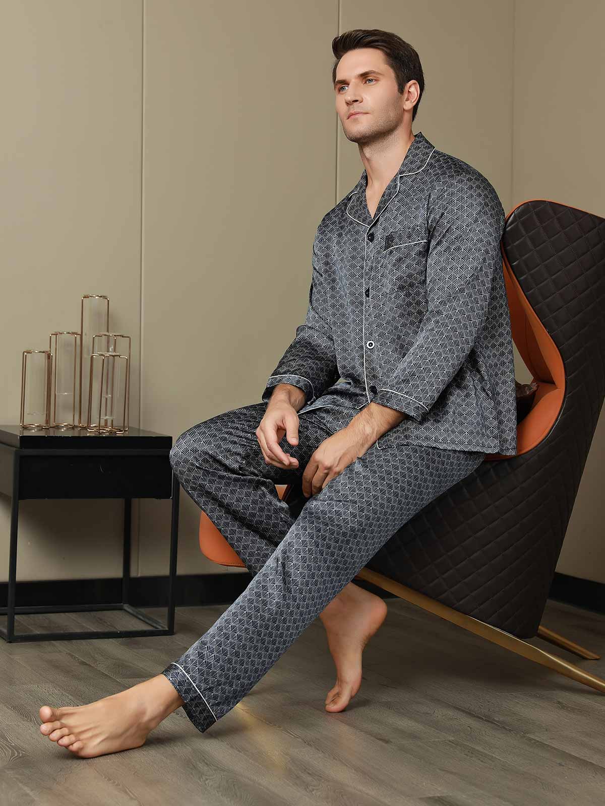 Ensemble Pyjama Homme En Soie Pure Imprimé Ginkgo Bleu Marine Manches Longues Avec Pantalon - Image 3