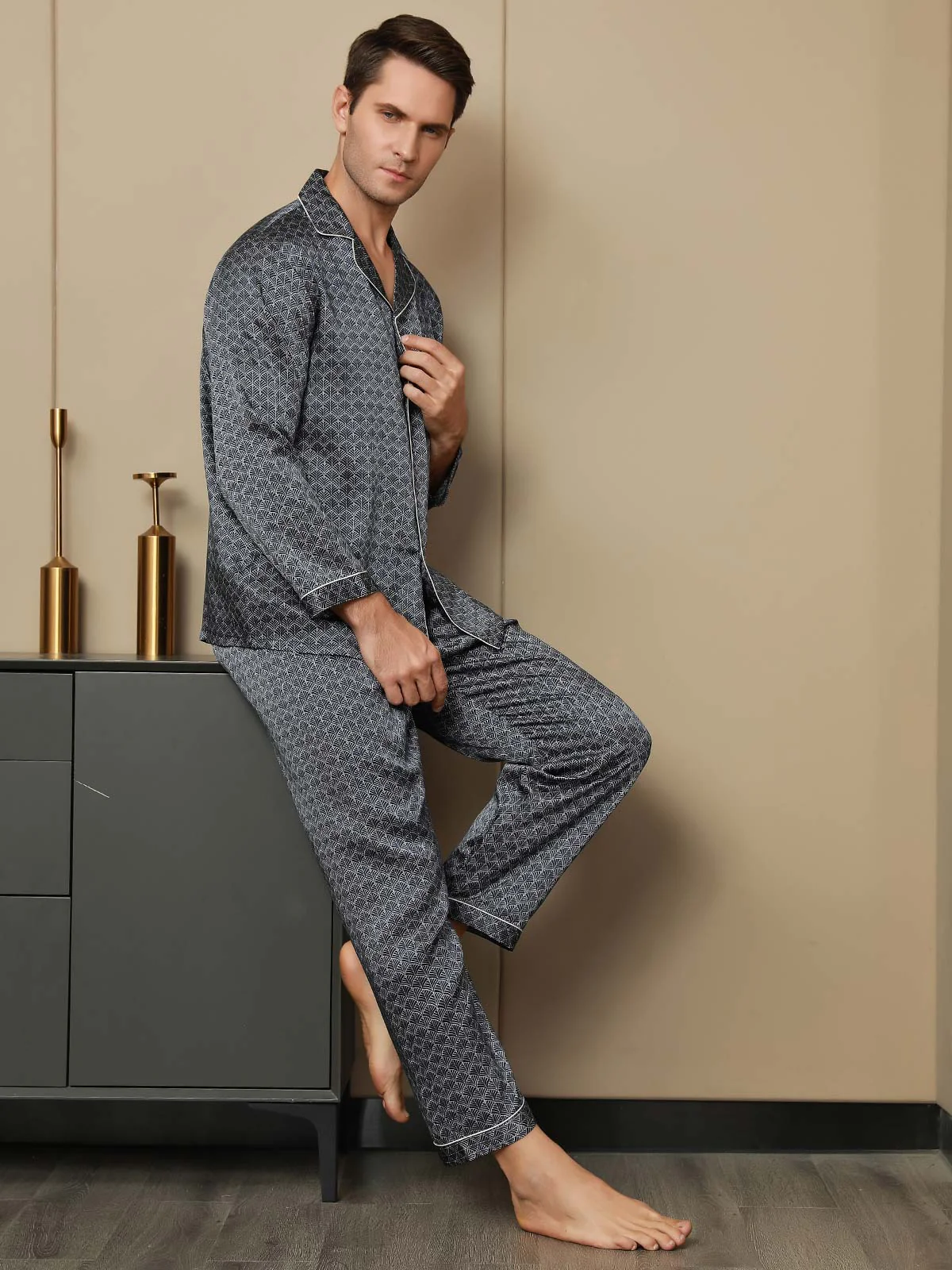 Ensemble Pyjama Homme En Soie Pure Imprimé Ginkgo Bleu Marine Manches Longues Avec Pantalon - Image 5