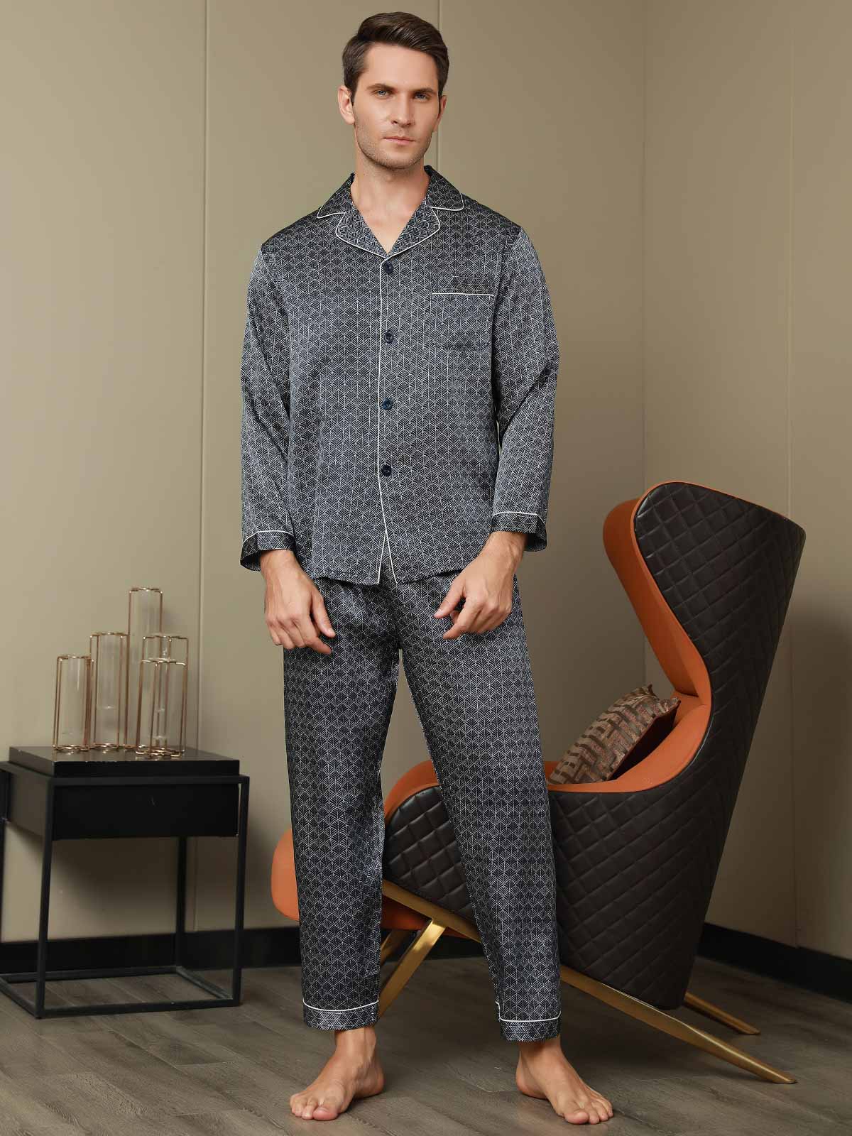 Ensemble Pyjama Homme En Soie Pure Imprimé Ginkgo Bleu Marine Manches Longues Avec Pantalon - Image 7