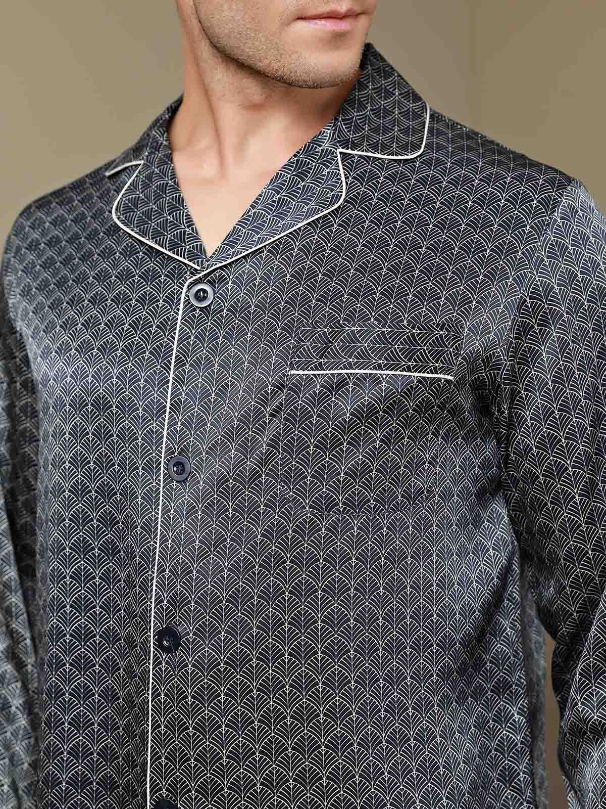 Ensemble Pyjama Homme En Soie Pure Imprimé Ginkgo Bleu Marine Manches Longues Avec Pantalon - Image 9
