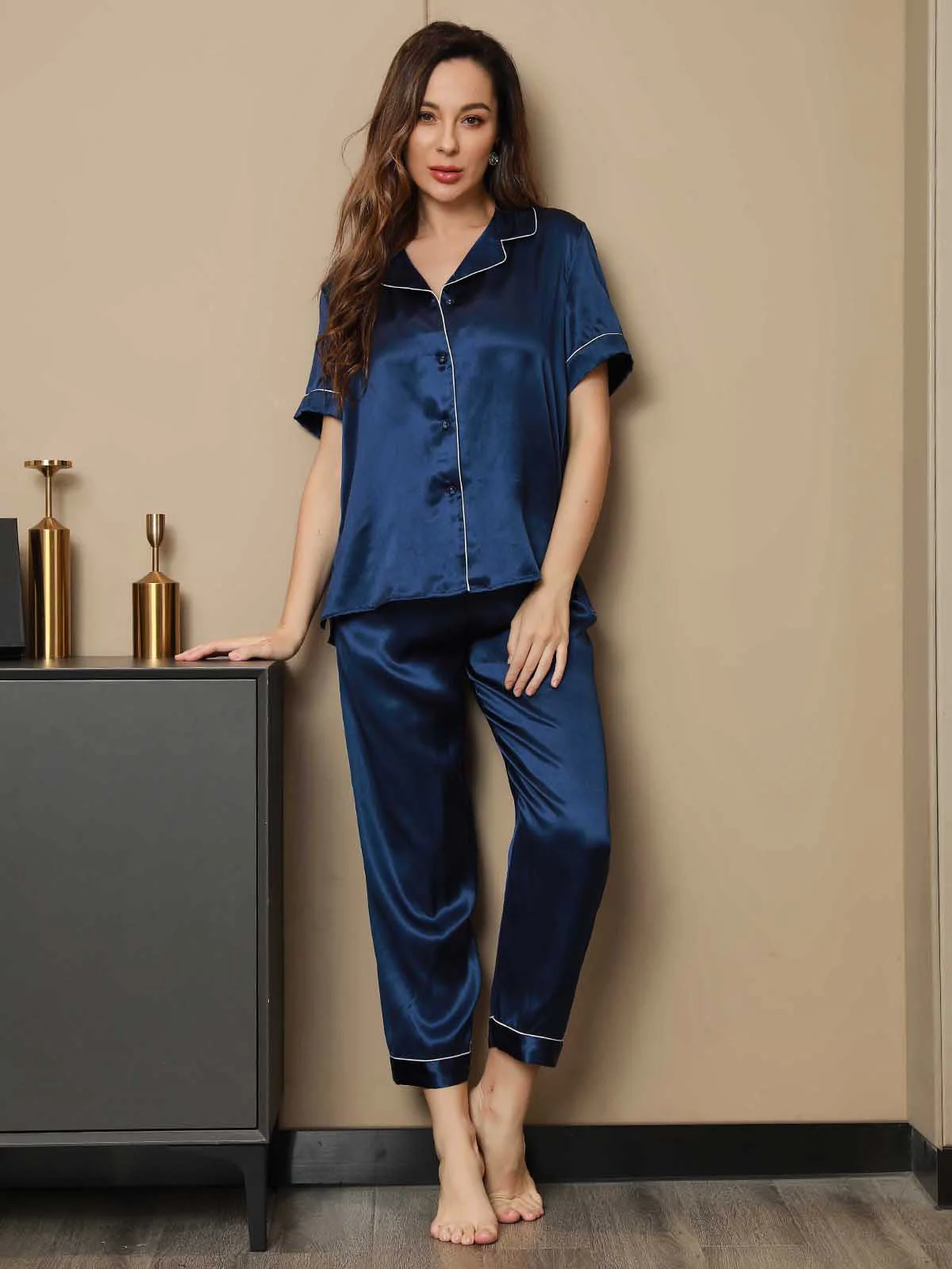 Ensemble de Pyjama en Pure Soie avec Passepoil 2Pcs - Image 10