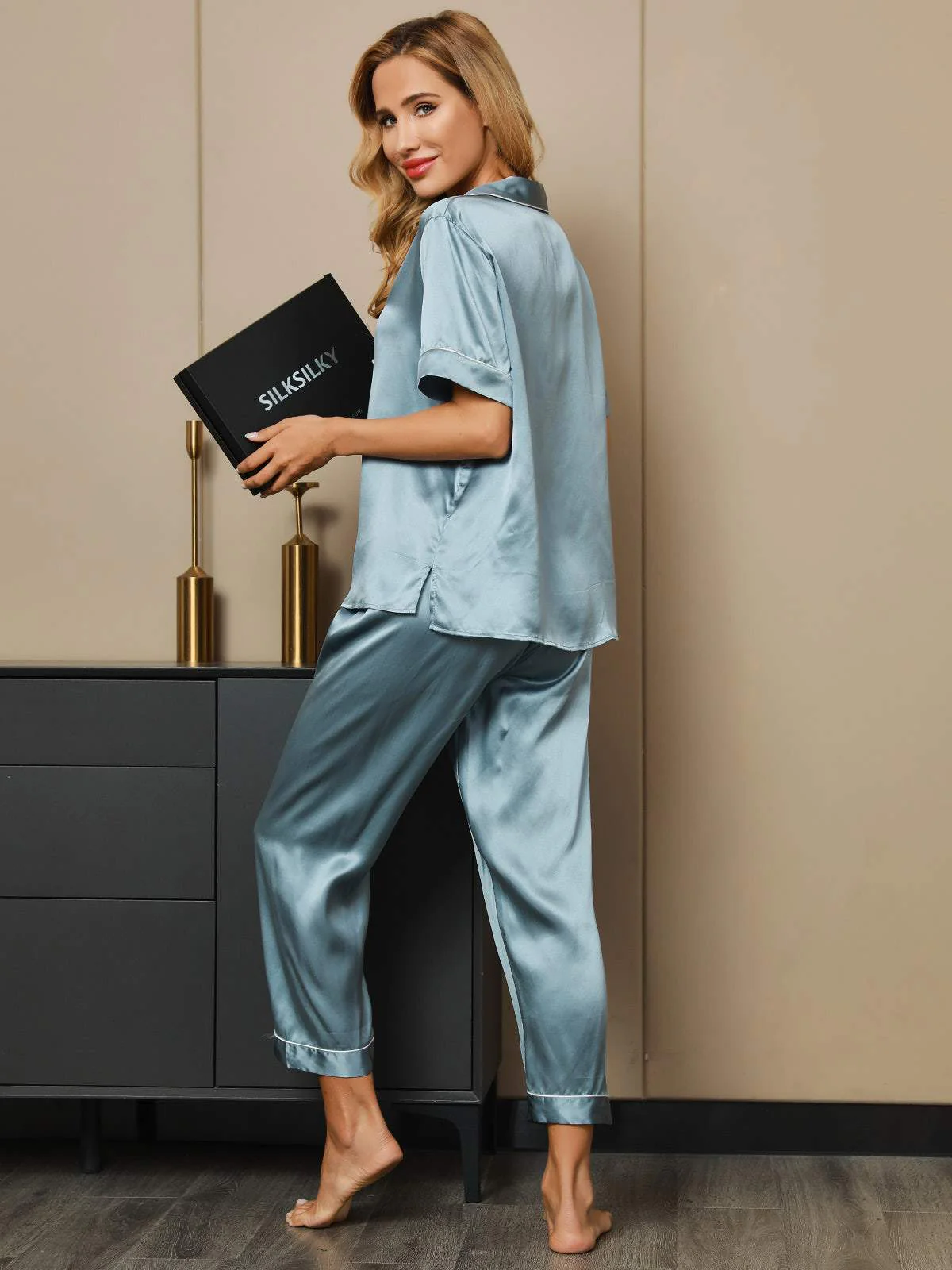 Ensemble de Pyjama en Pure Soie avec Passepoil 2Pcs - Image 5