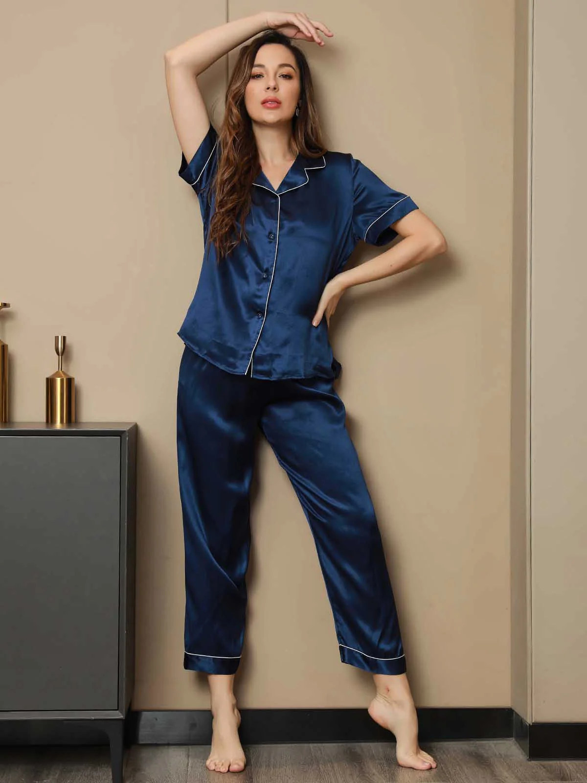 Ensemble de Pyjama en Pure Soie avec Passepoil 2Pcs - Image 8
