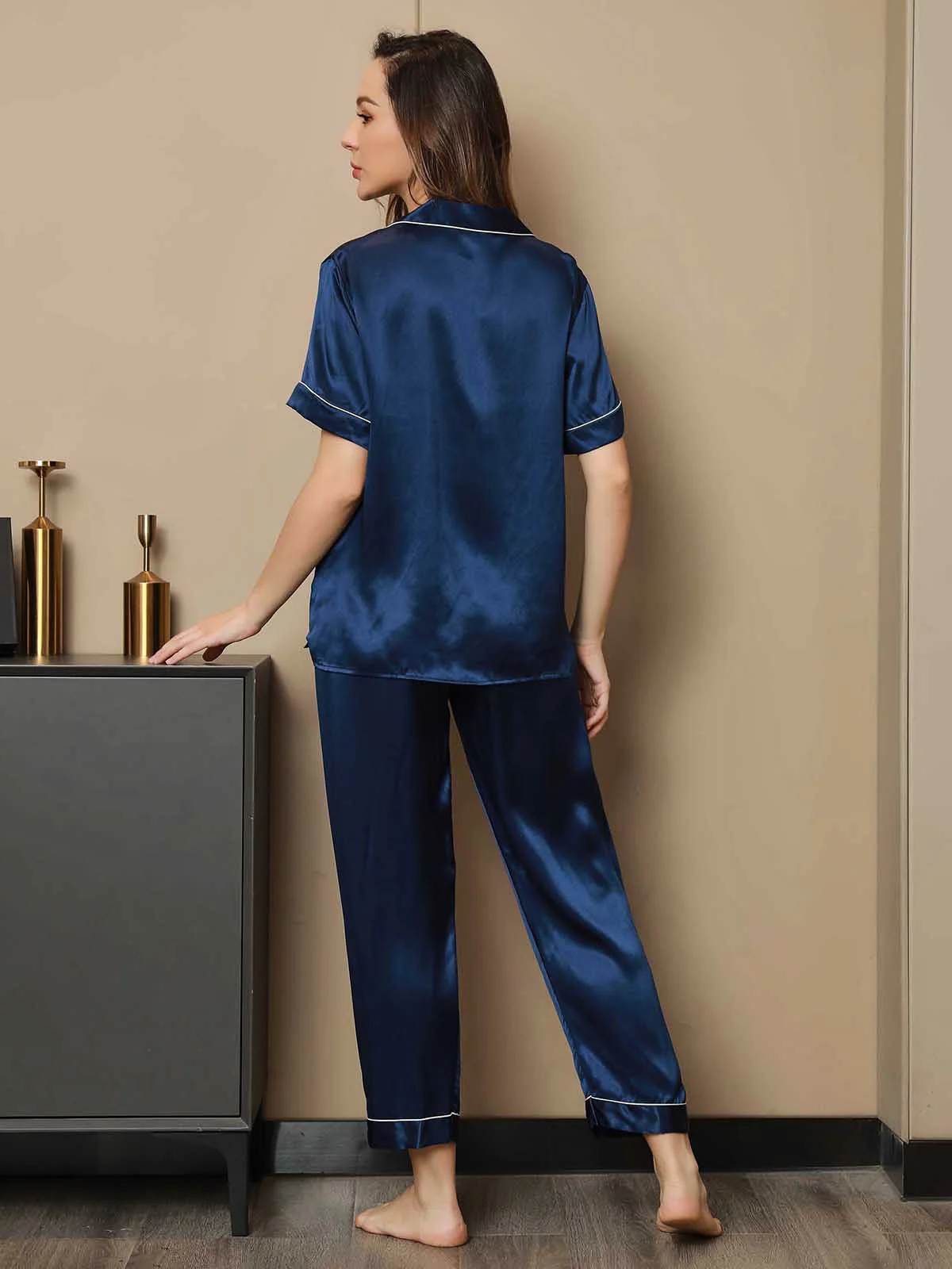Ensemble de Pyjama en Pure Soie avec Passepoil 2Pcs - Image 9