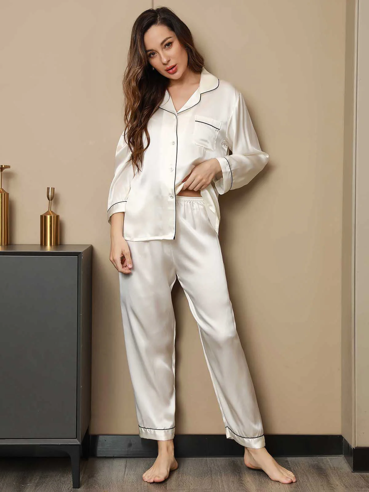 Ensemble de Pyjama à Bordure en Soie Pure 2Pcs - Image 4