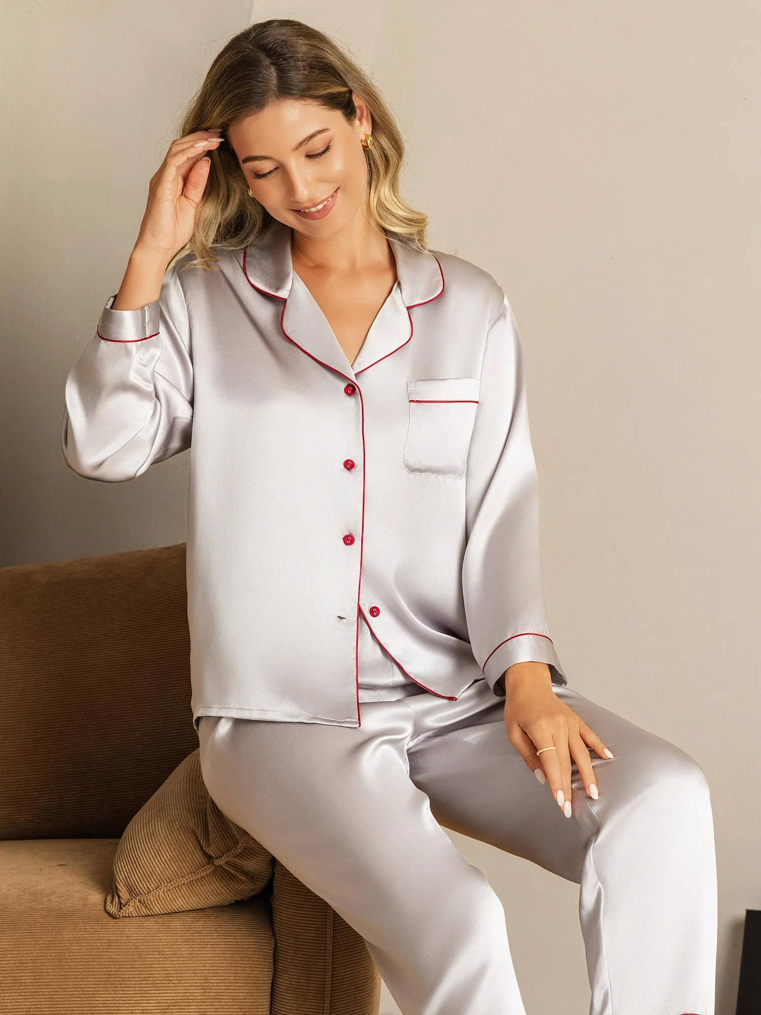 Ensemble de Pyjama à Bordure en Soie Pure 2Pcs - Image 56