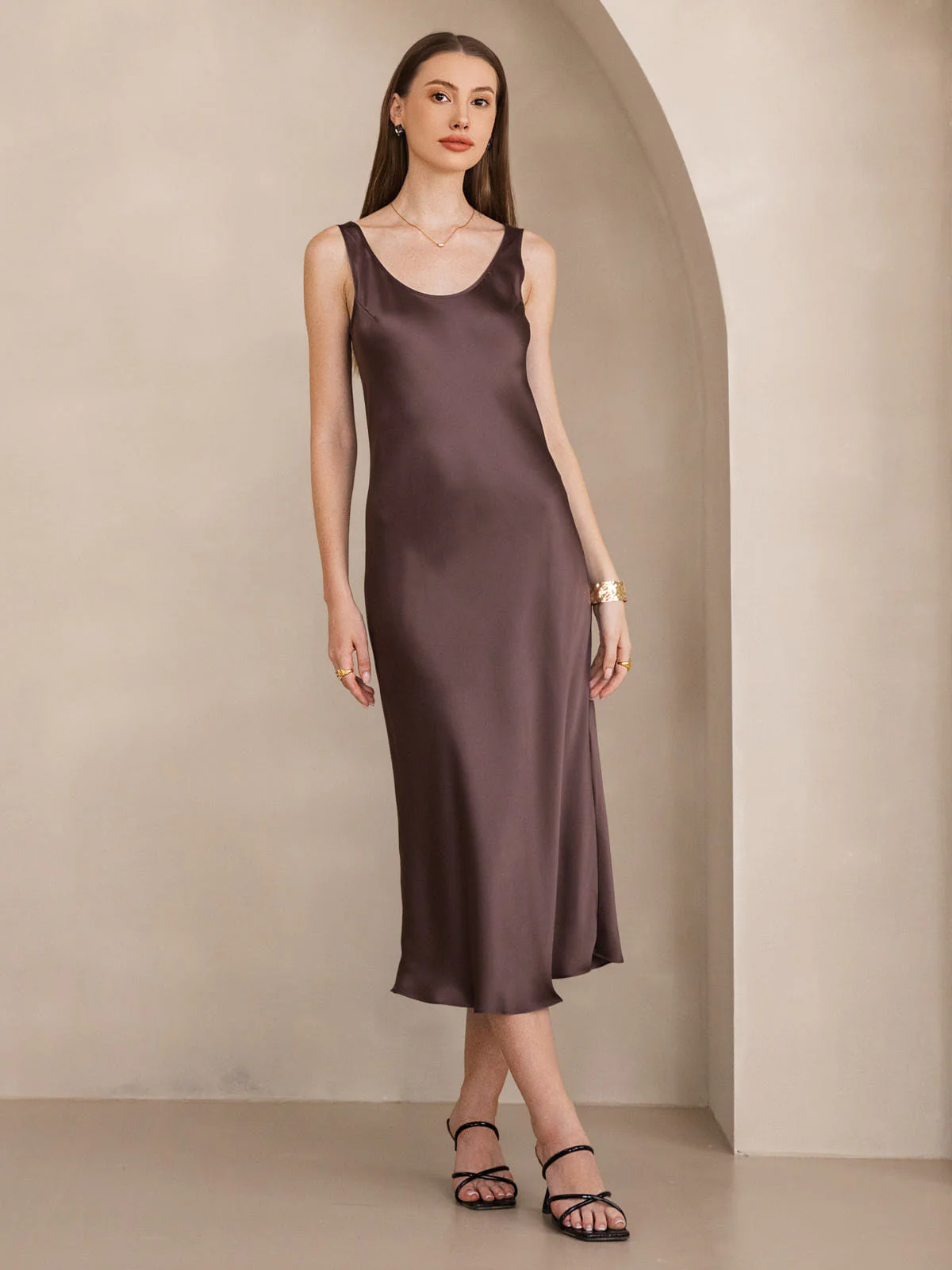 Pure Soie Sangle Larges Sans Manches Longue Robe - Image 26