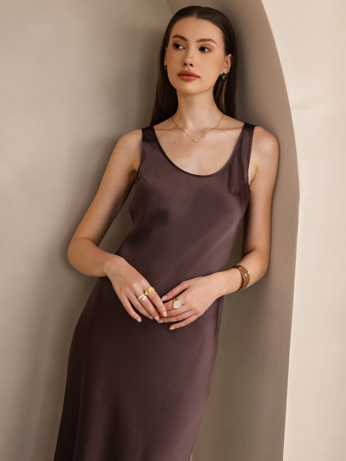 Pure Soie Sangle Larges Sans Manches Longue Robe - Image 28