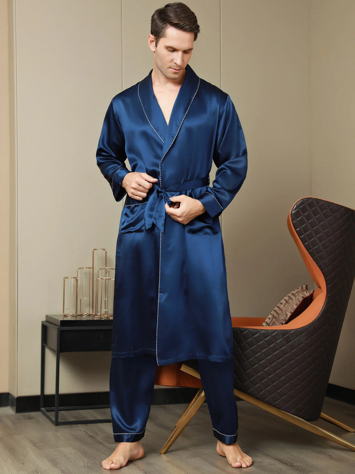 Peignoir Ceinturée Contrastante En Pure Soie (Sans Pantalon) - Image 6