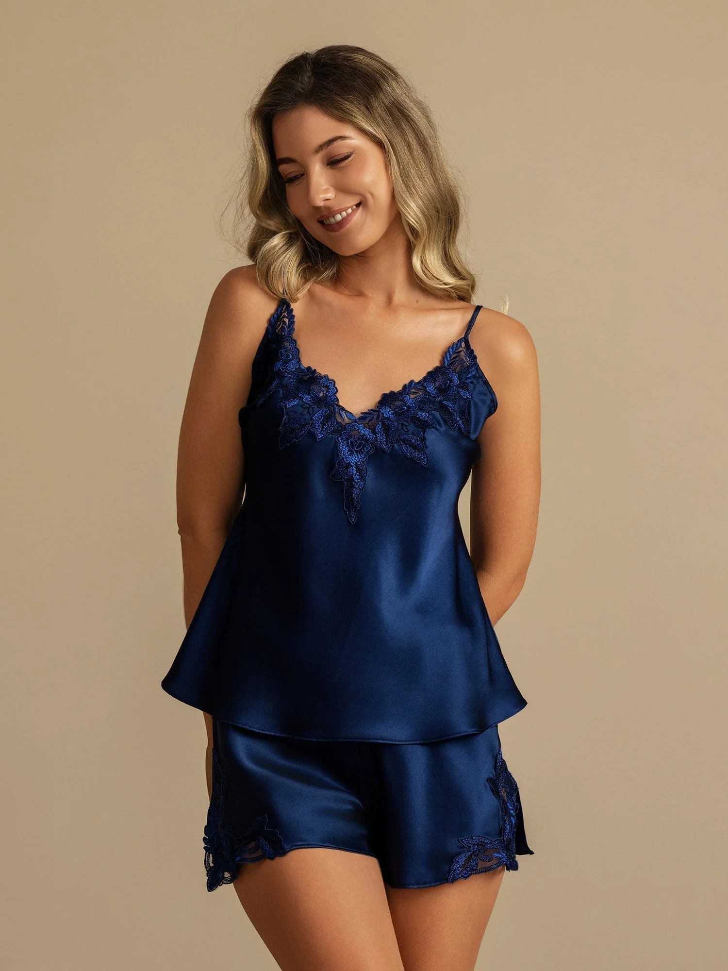 Pure Soie Dentelle Fleur Garniture Mariée Camisole Pyjama Set 2Pcs - Image 20