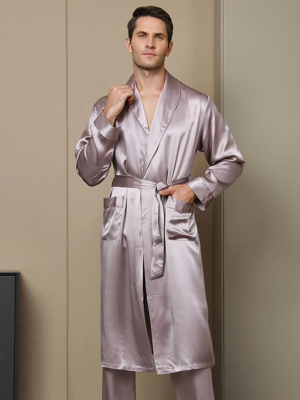 Peignoir Ceinturée à Col Revers En Pure Soie (Sans Pantalon) - Image 13