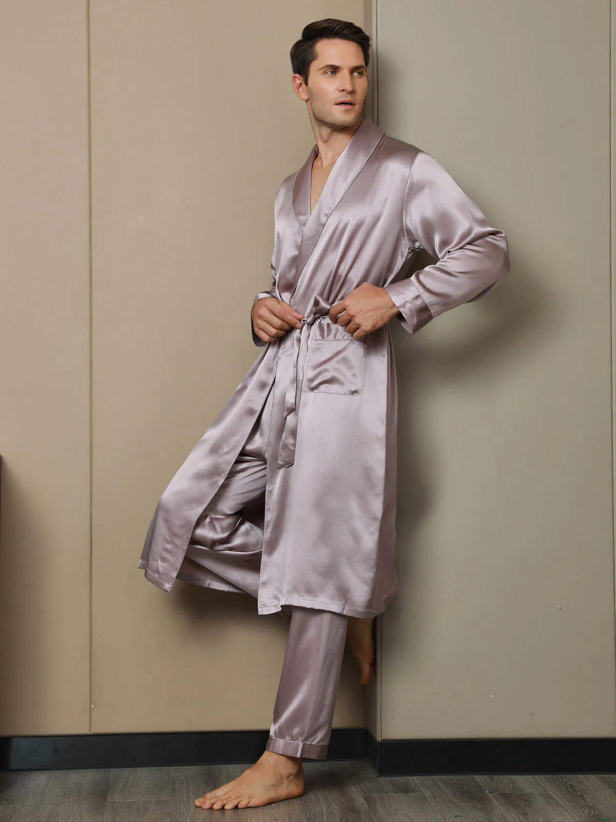 Peignoir Ceinturée à Col Revers En Pure Soie (Sans Pantalon) - Image 18