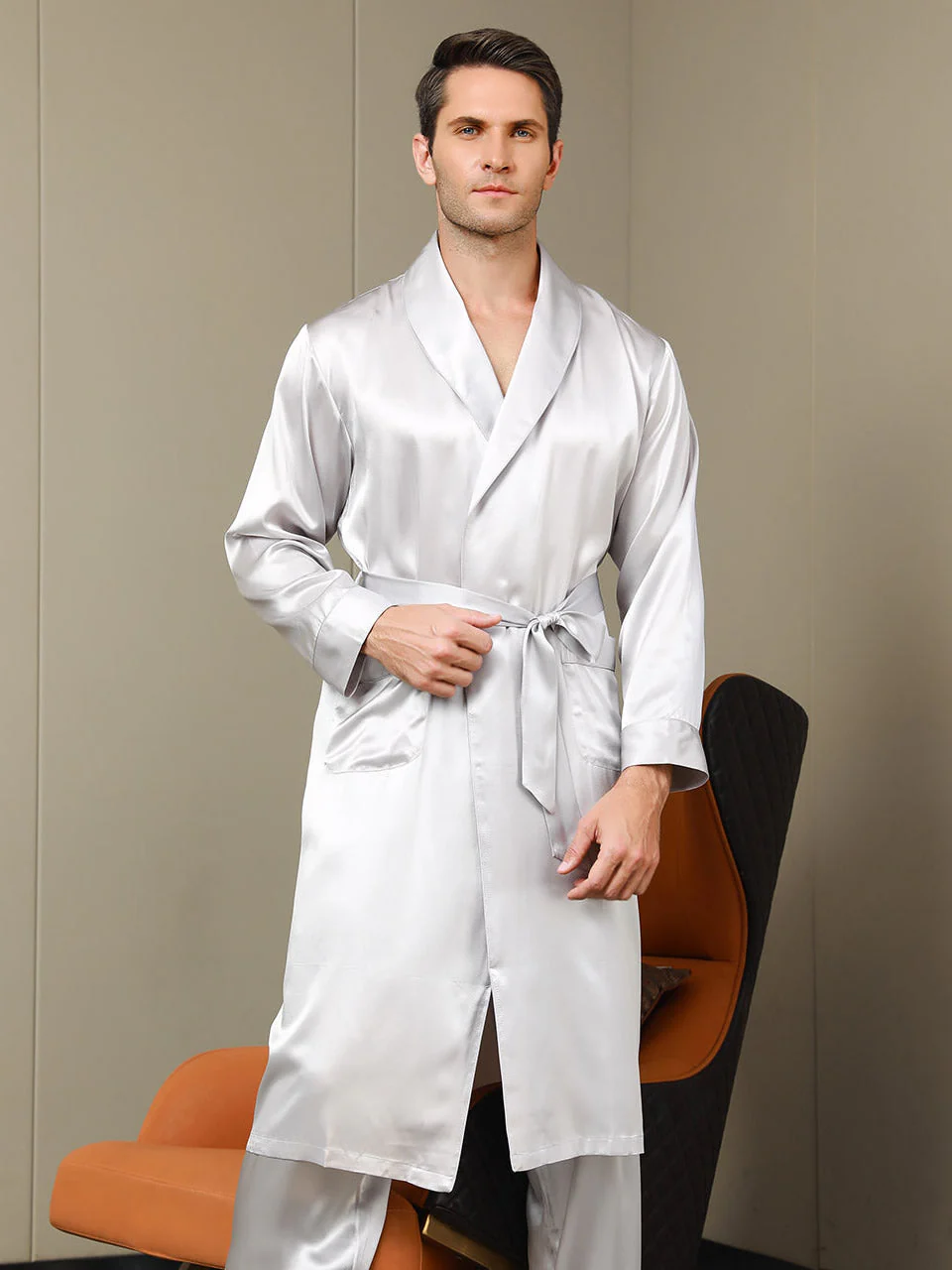 Peignoir Ceinturée à Col Revers En Pure Soie (Sans Pantalon) - Image 19