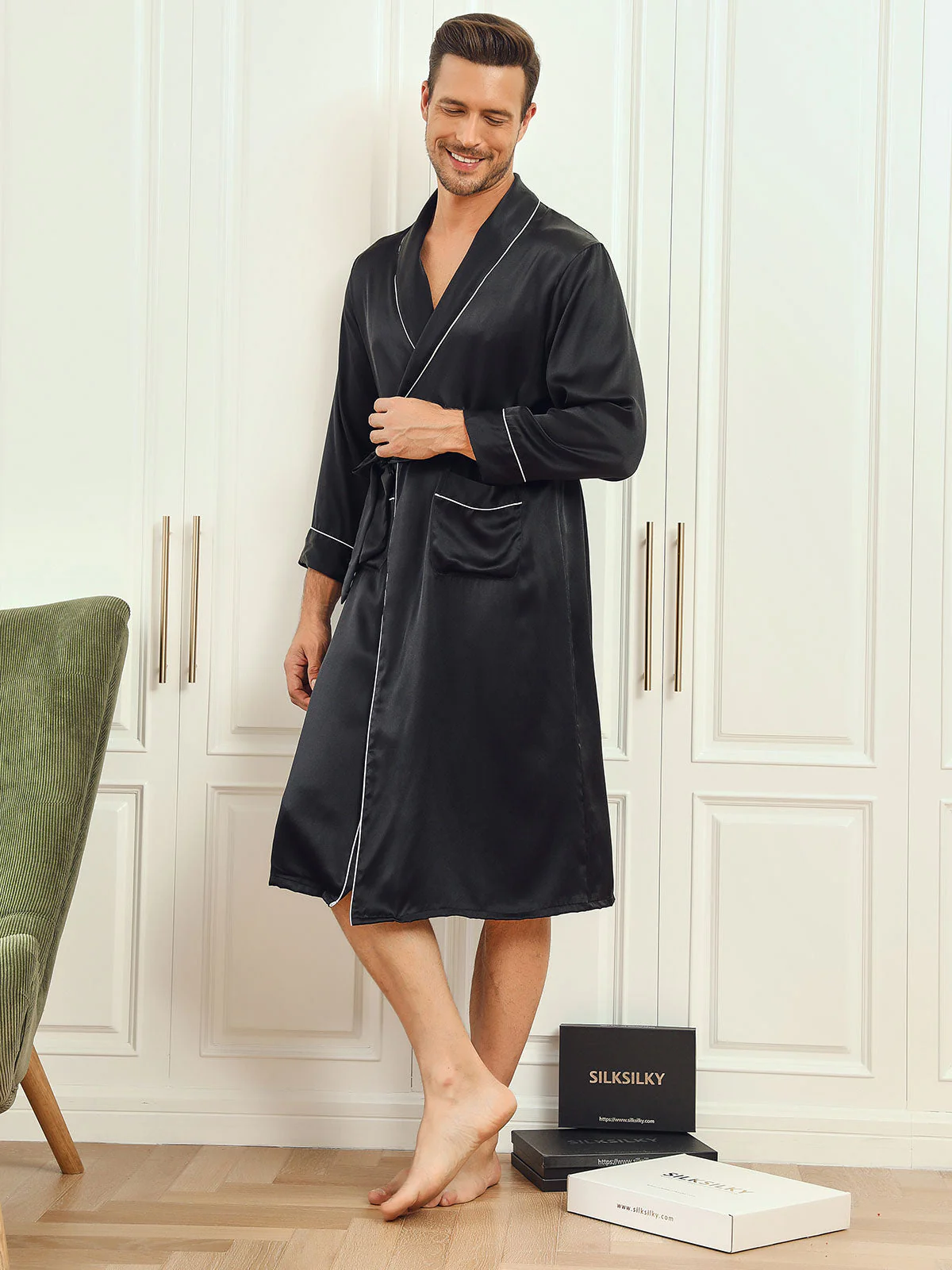 Peignoir Ceinturée à Col Revers En Pure Soie (Sans Pantalon) - Image 4