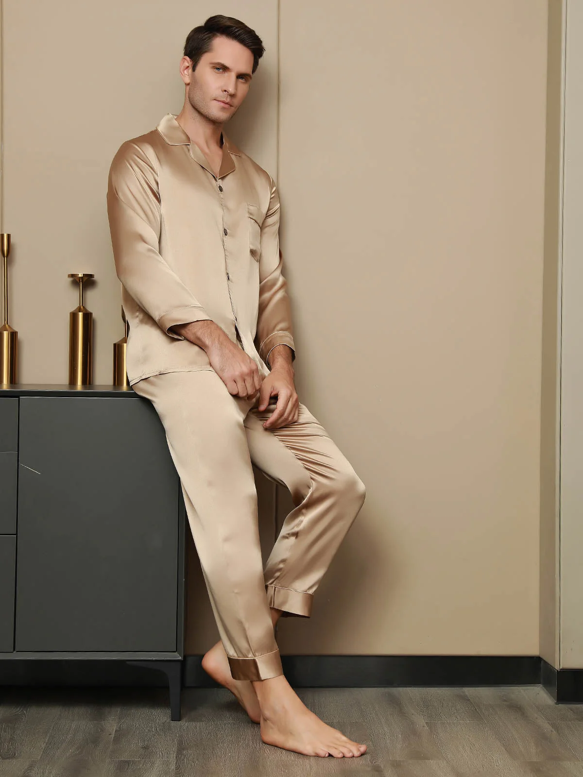 Ensemble Pyjama Pour Homme En Pure Soie À Manches Longues Avec Col À Revers - Image 11