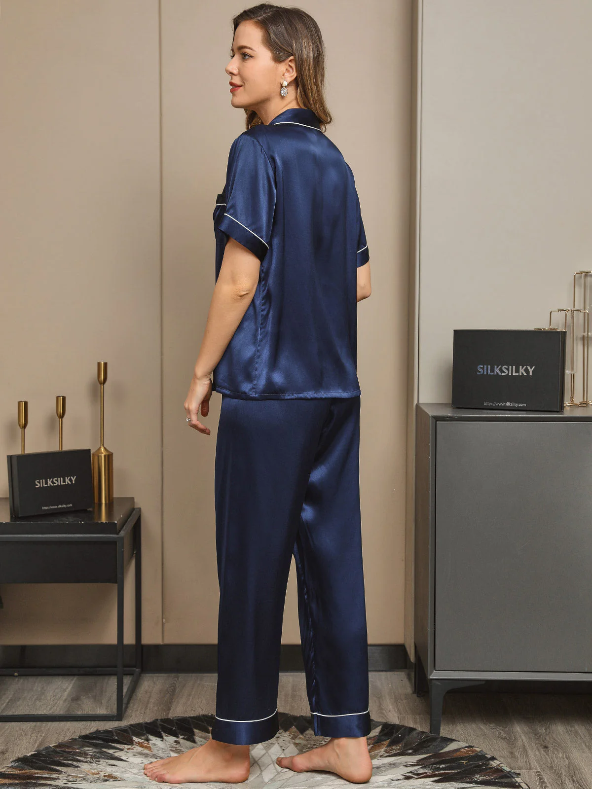 Ensemble de Pyjama en Pure Soie avec Passepoil 2Pcs - Image 6