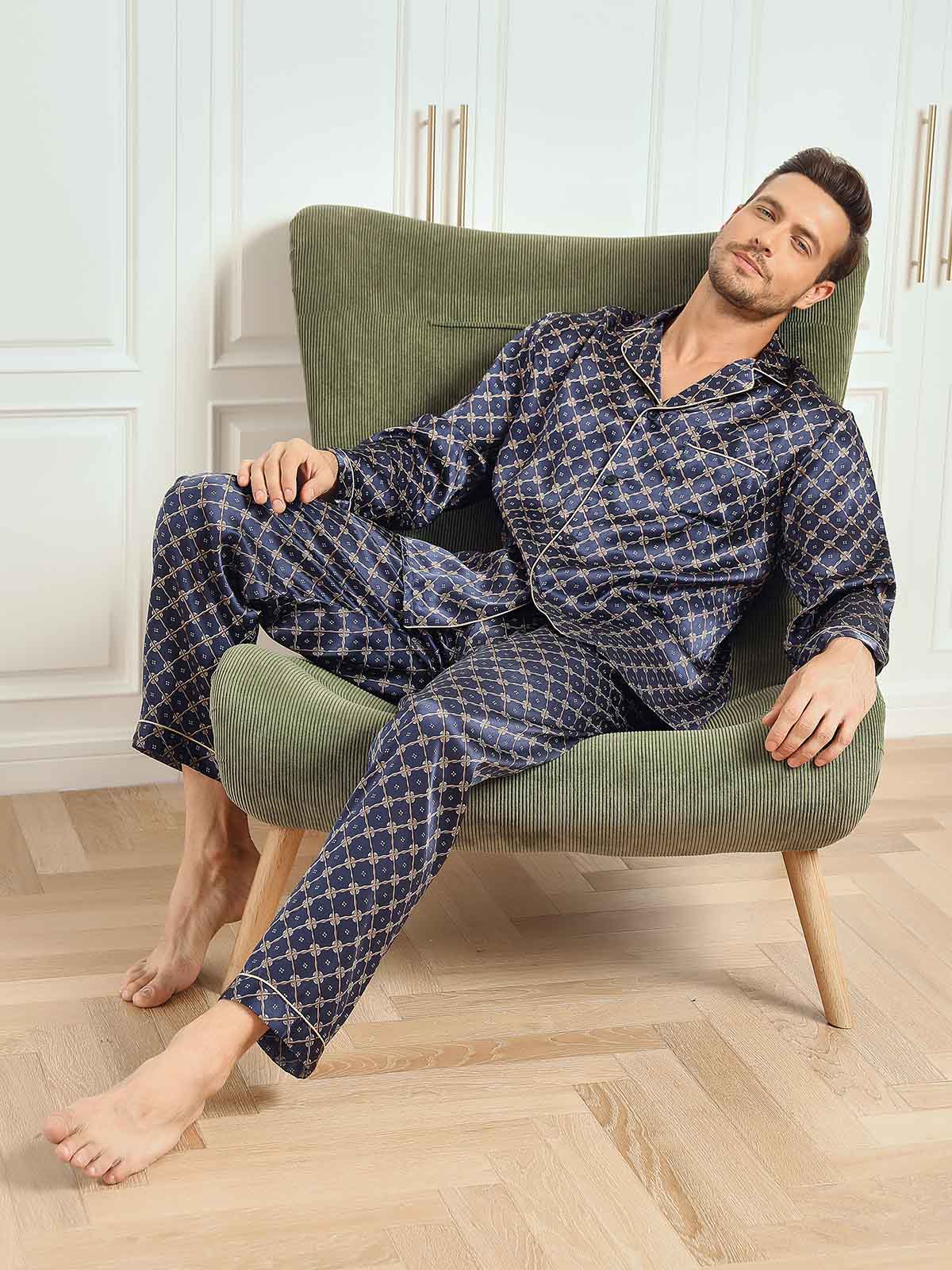 Ensemble De Pyjama Homme À Manches Longues En Soie Pure Avec Motif Chaîne Bleu Marine Et Pantalon - Image 13