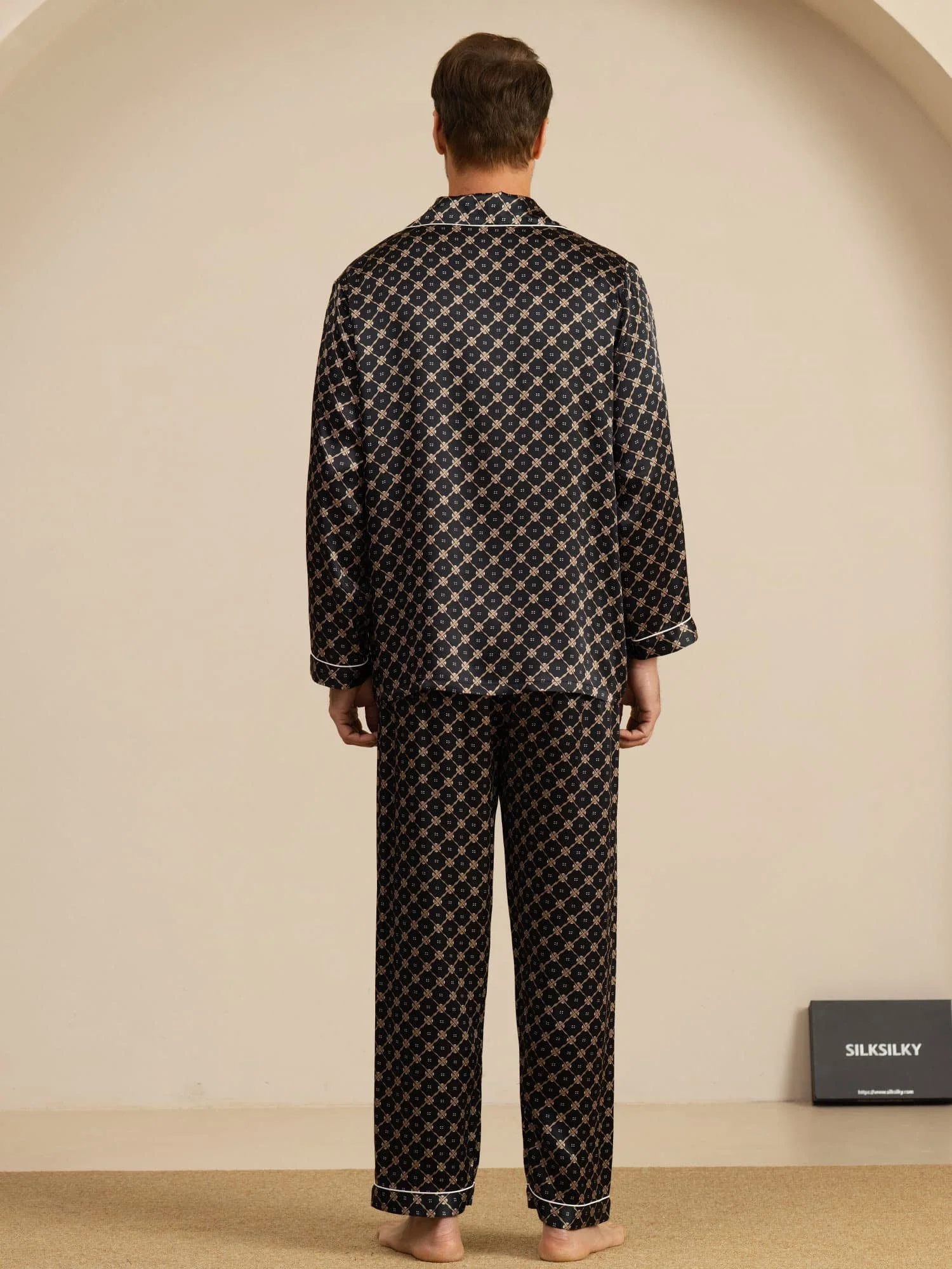 Ensemble De Pyjama Homme À Manches Longues En Soie Pure Avec Motif Chaîne Bleu Marine Et Pantalon - Image 20