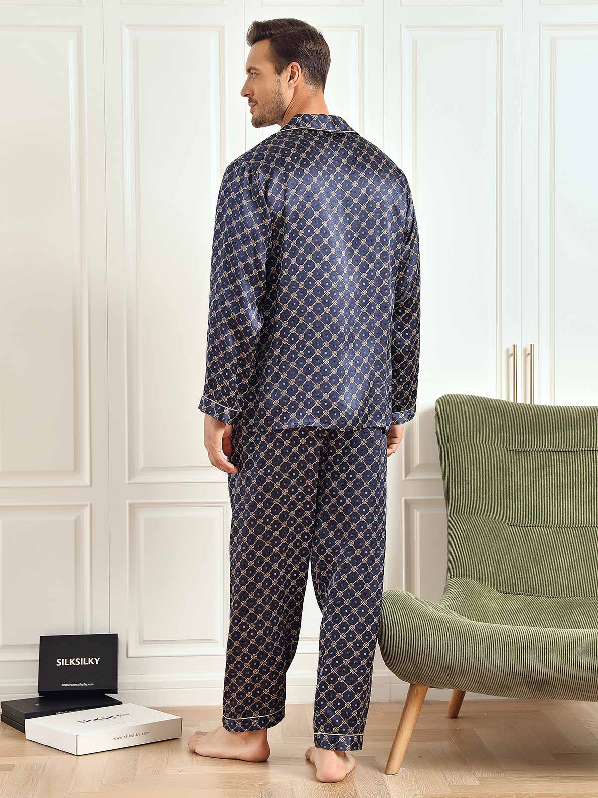 Ensemble De Pyjama Homme À Manches Longues En Soie Pure Avec Motif Chaîne Bleu Marine Et Pantalon - Image 3