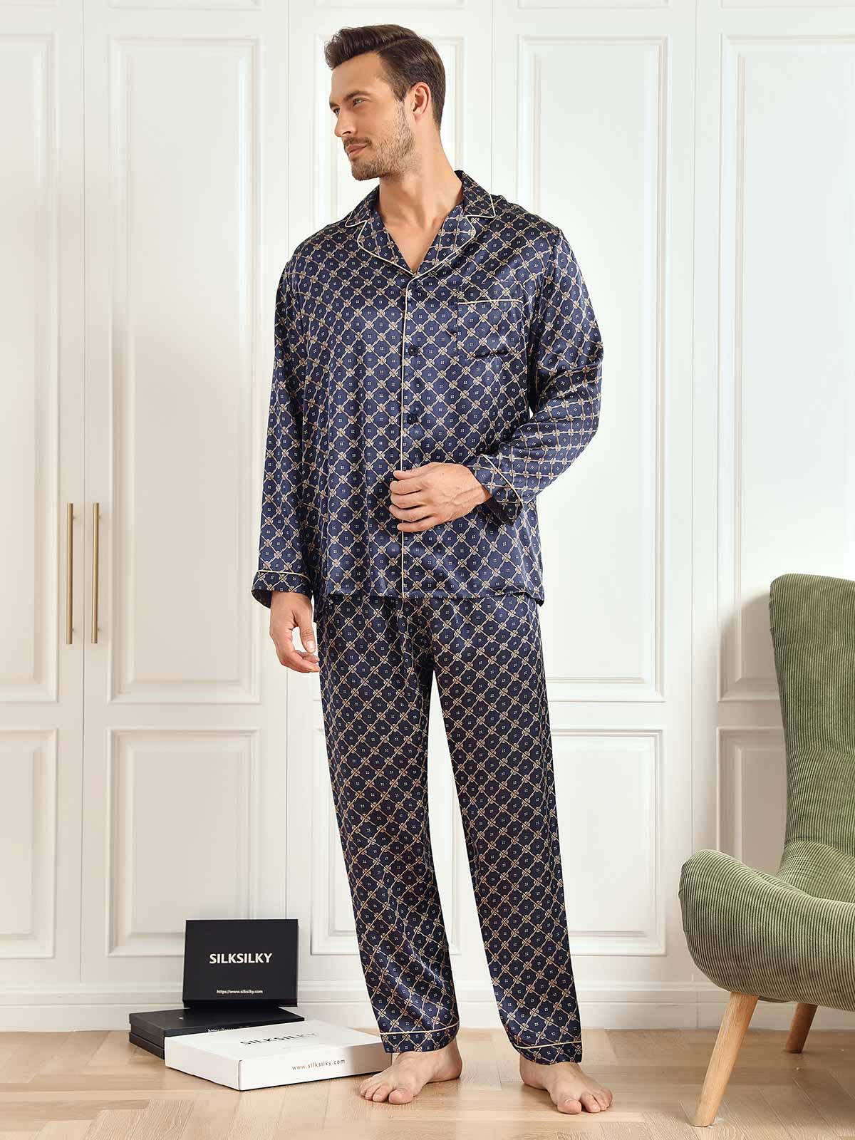 Ensemble De Pyjama Homme À Manches Longues En Soie Pure Avec Motif Chaîne Bleu Marine Et Pantalon - Image 6