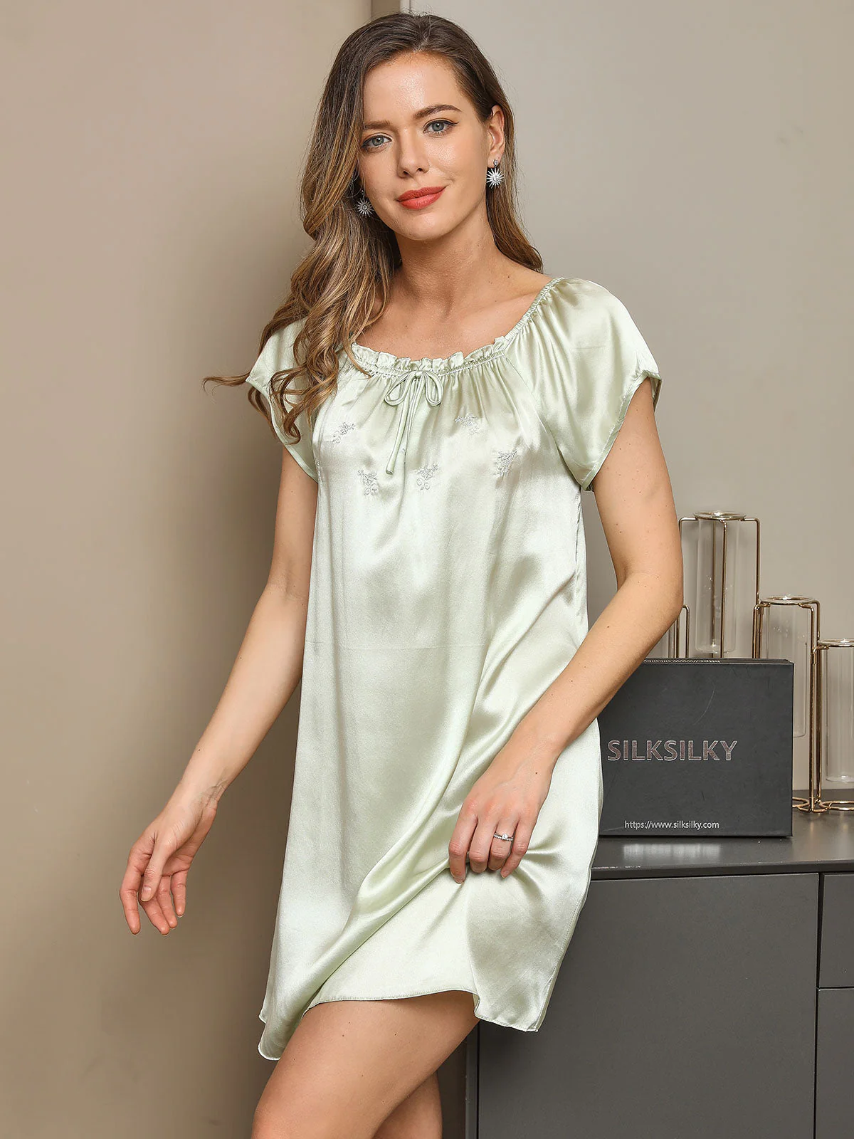 Pure Soie Manches Courtes Mignonne Chemise de Nuit - Image 15