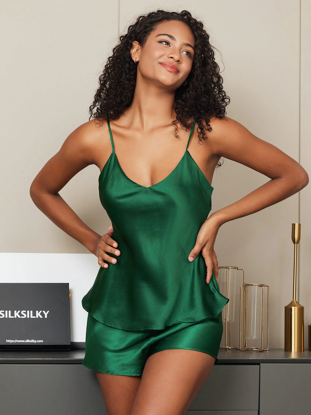 Ensemble de Camisole à Bretelles Spaghetti en Soie Pure 2Pcs - Image 45