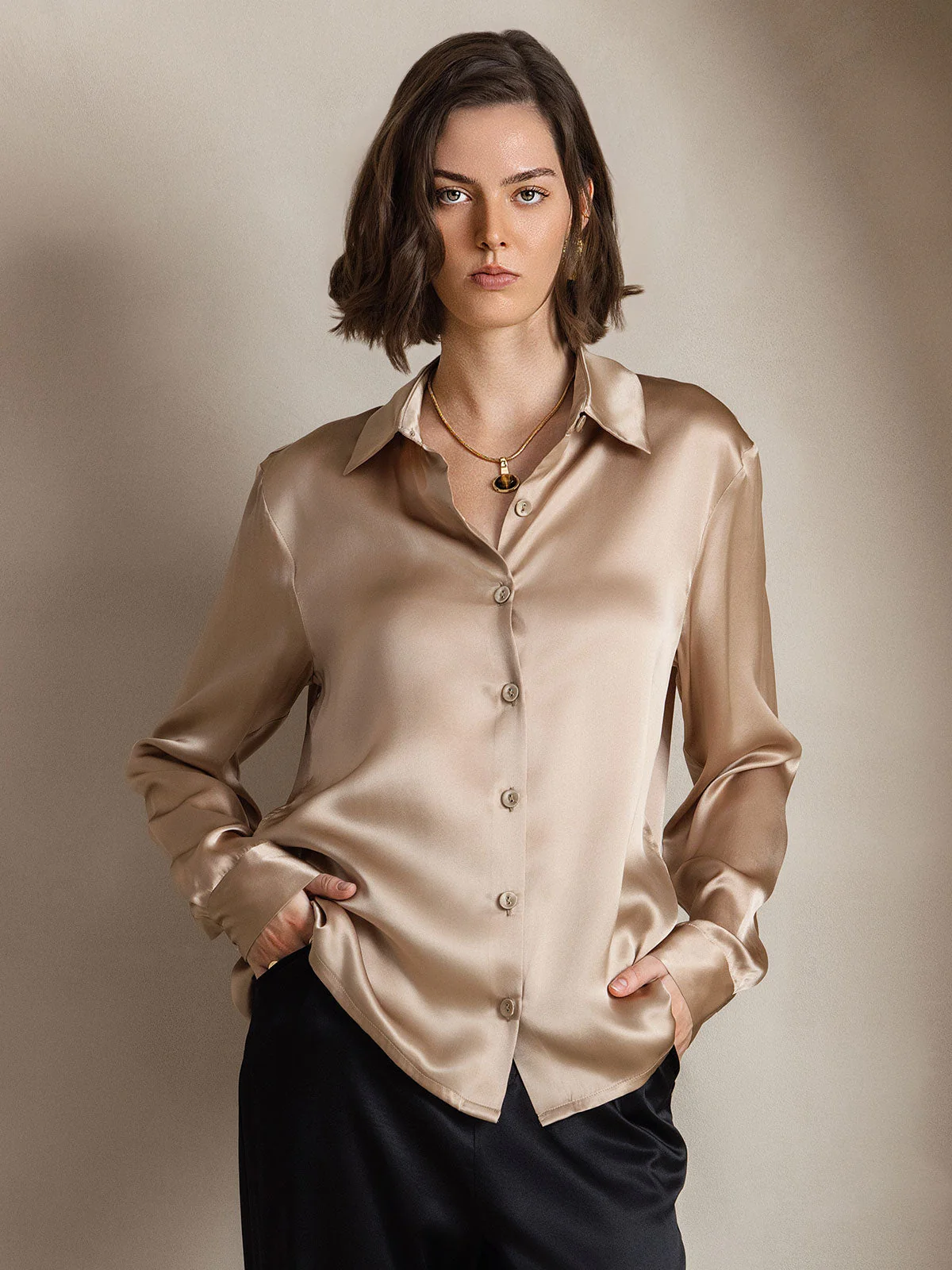 Chemise à Revers Militaire Basique En Soie - Image 39