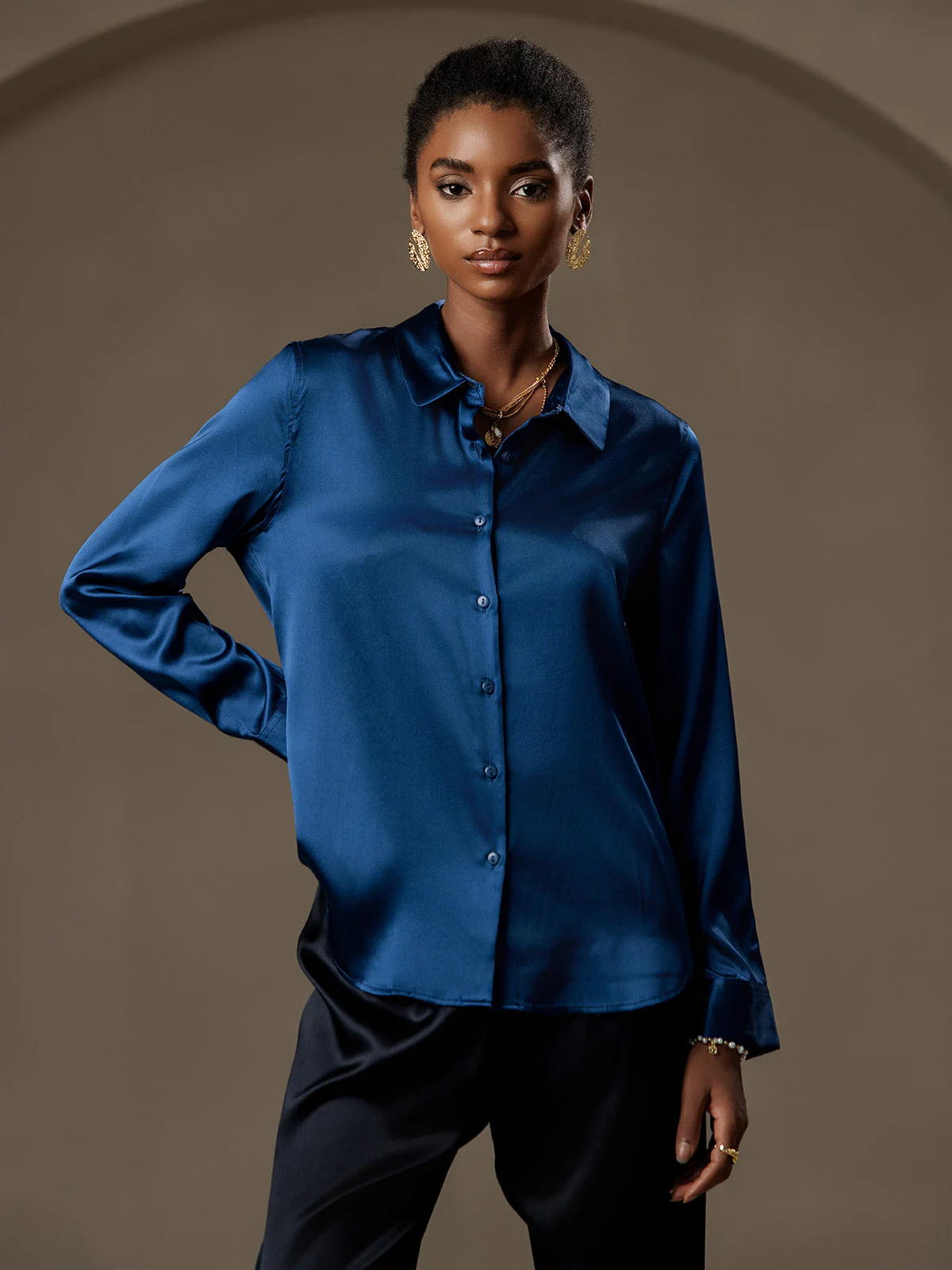 19Momme Soie Basique Col Militaire Chemise - Image 104
