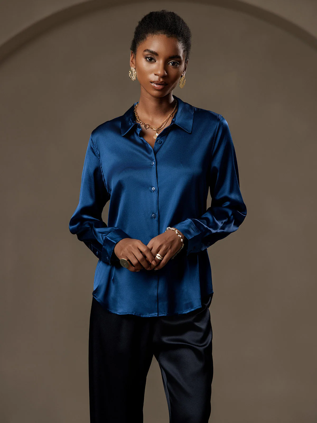 19Momme Soie Basique Col Militaire Chemise - Image 106