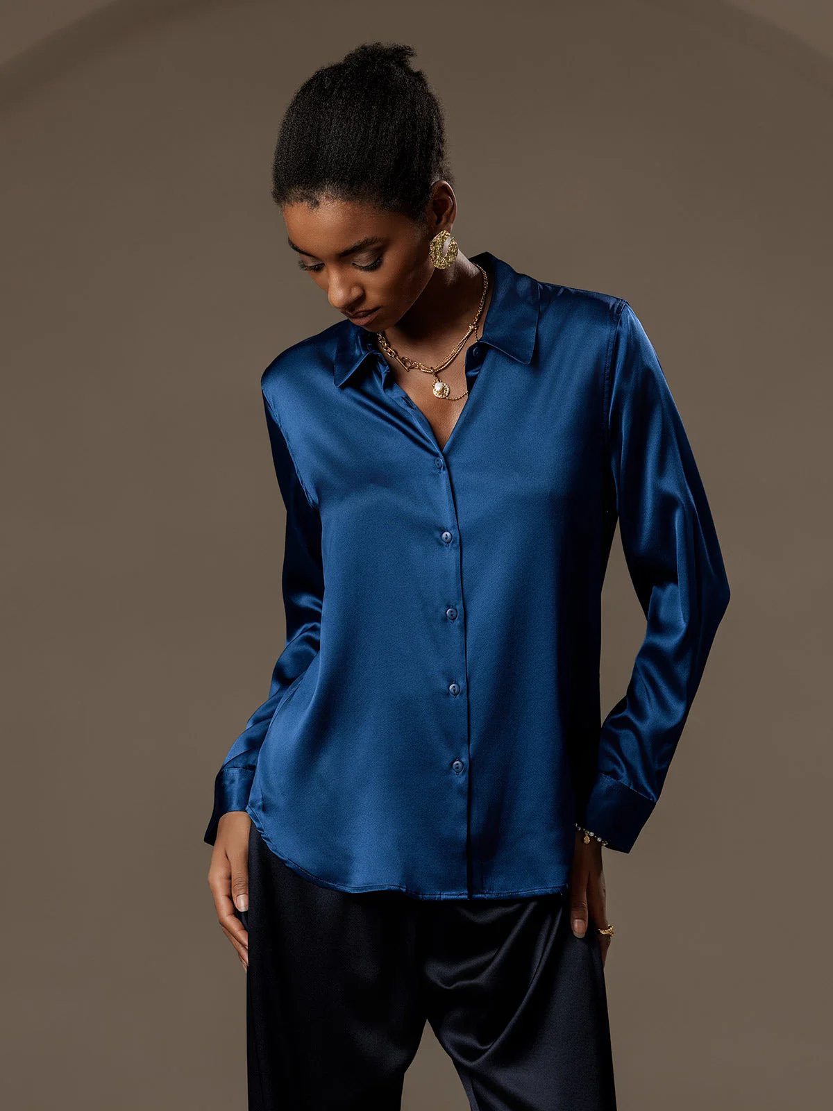 19Momme Soie Basique Col Militaire Chemise - Image 108