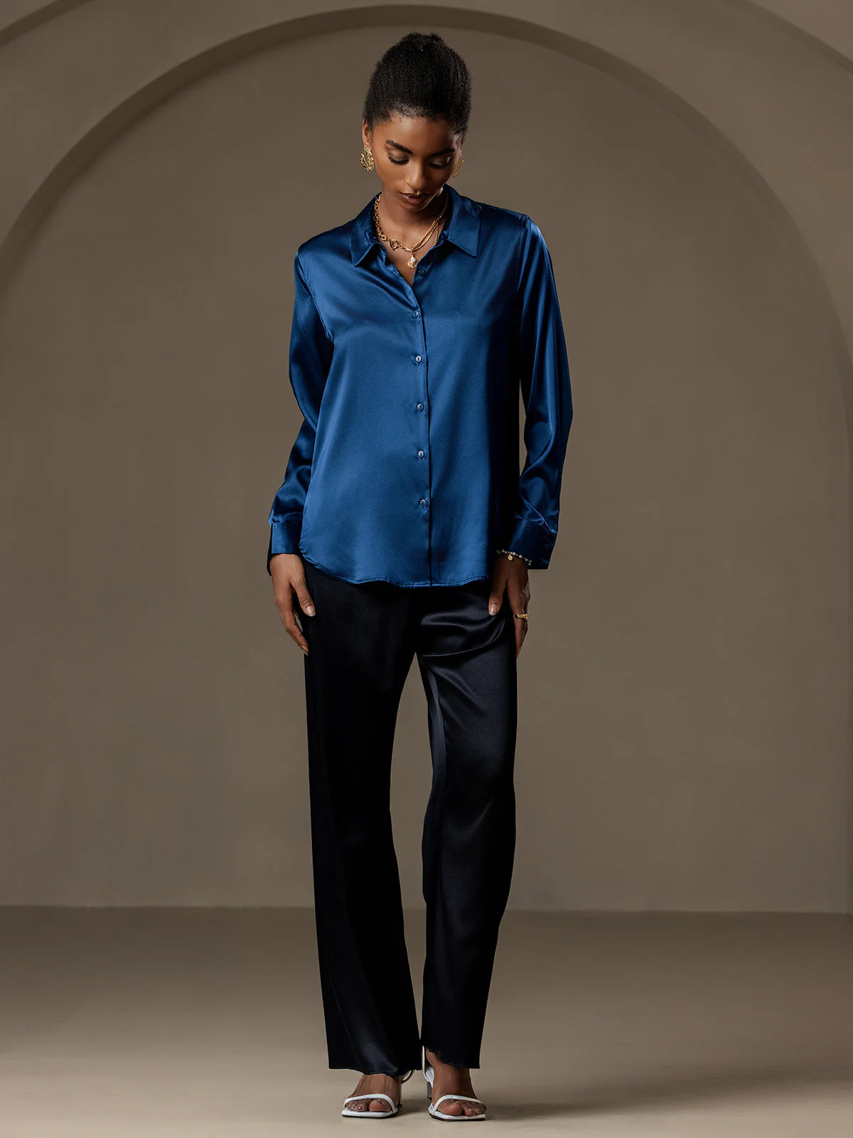 19Momme Soie Basique Col Militaire Chemise - Image 109