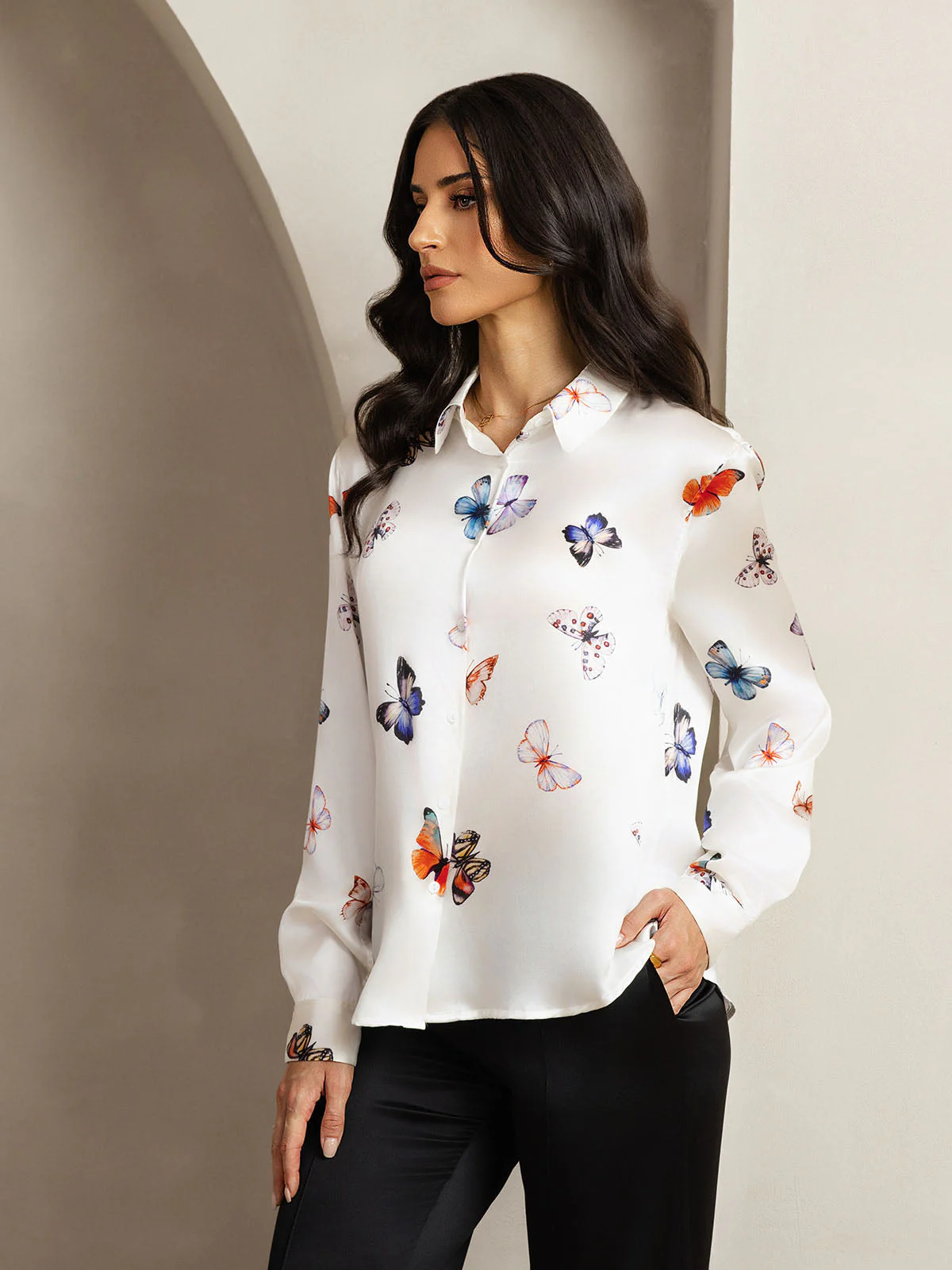 19Momme Soie Basique Col Militaire Chemise - Image 120
